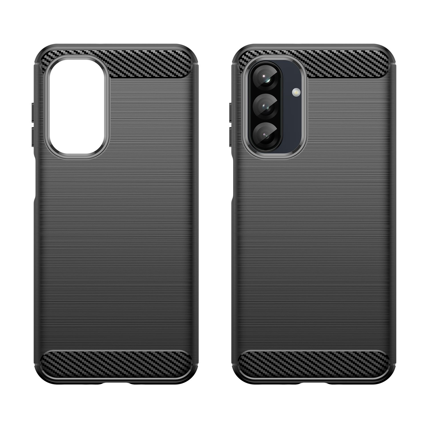 Funda negra para teléfono con detalles de fibra de carbono, vistas frontal y trasera.