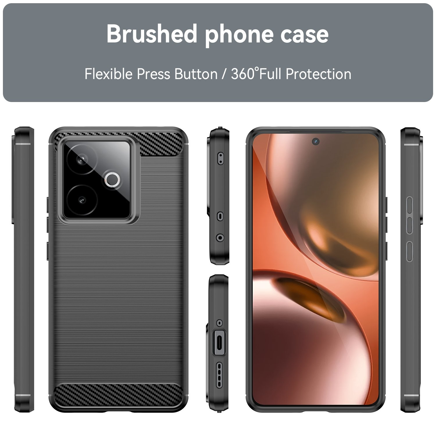 Funda de teléfono negra cepillada mostrada desde varios ángulos, con un teléfono dentro.