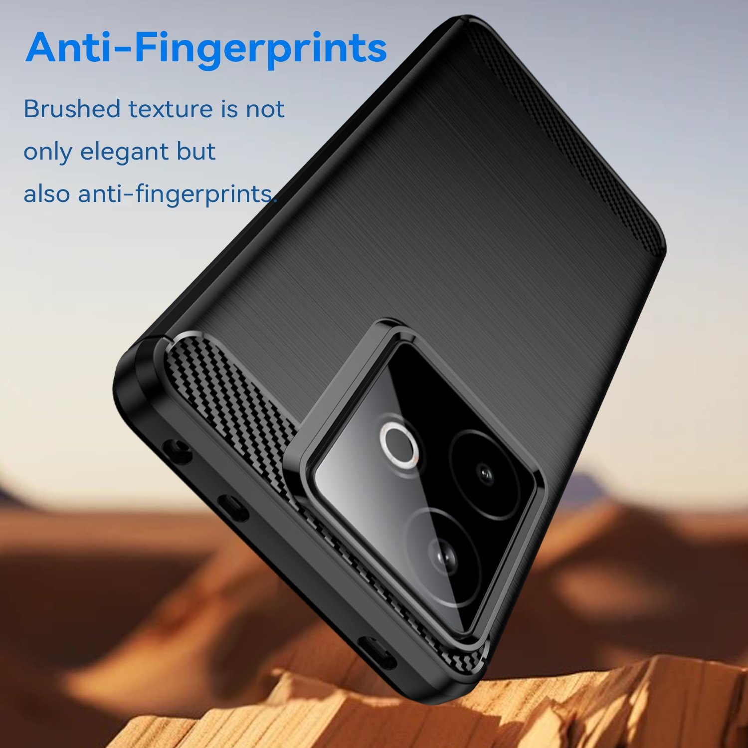 Funda de teléfono negra con textura cepillada, sobre fondo rocoso.