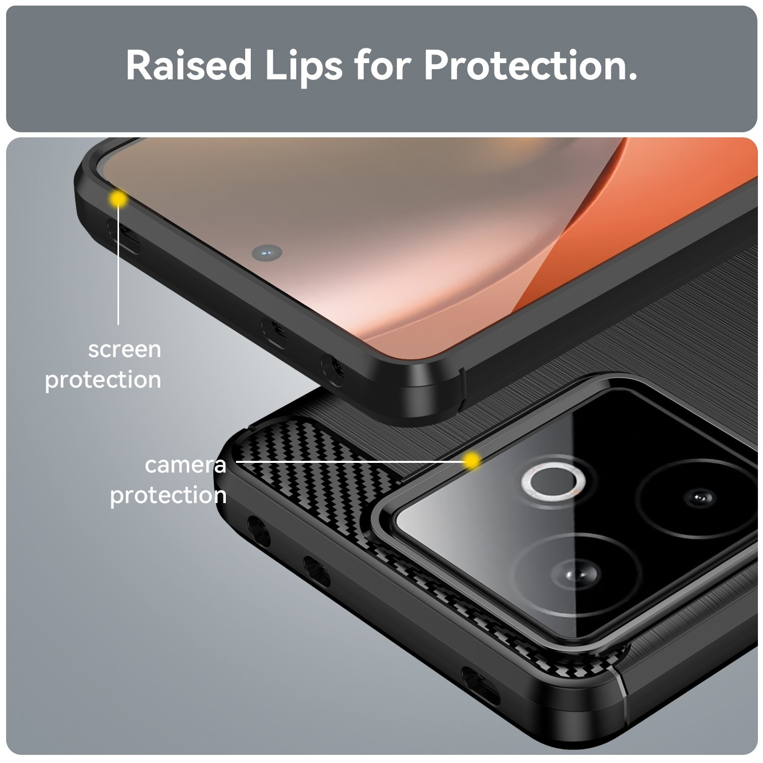 La funda del teléfono muestra bordes elevados para proteger la pantalla y la cámara.