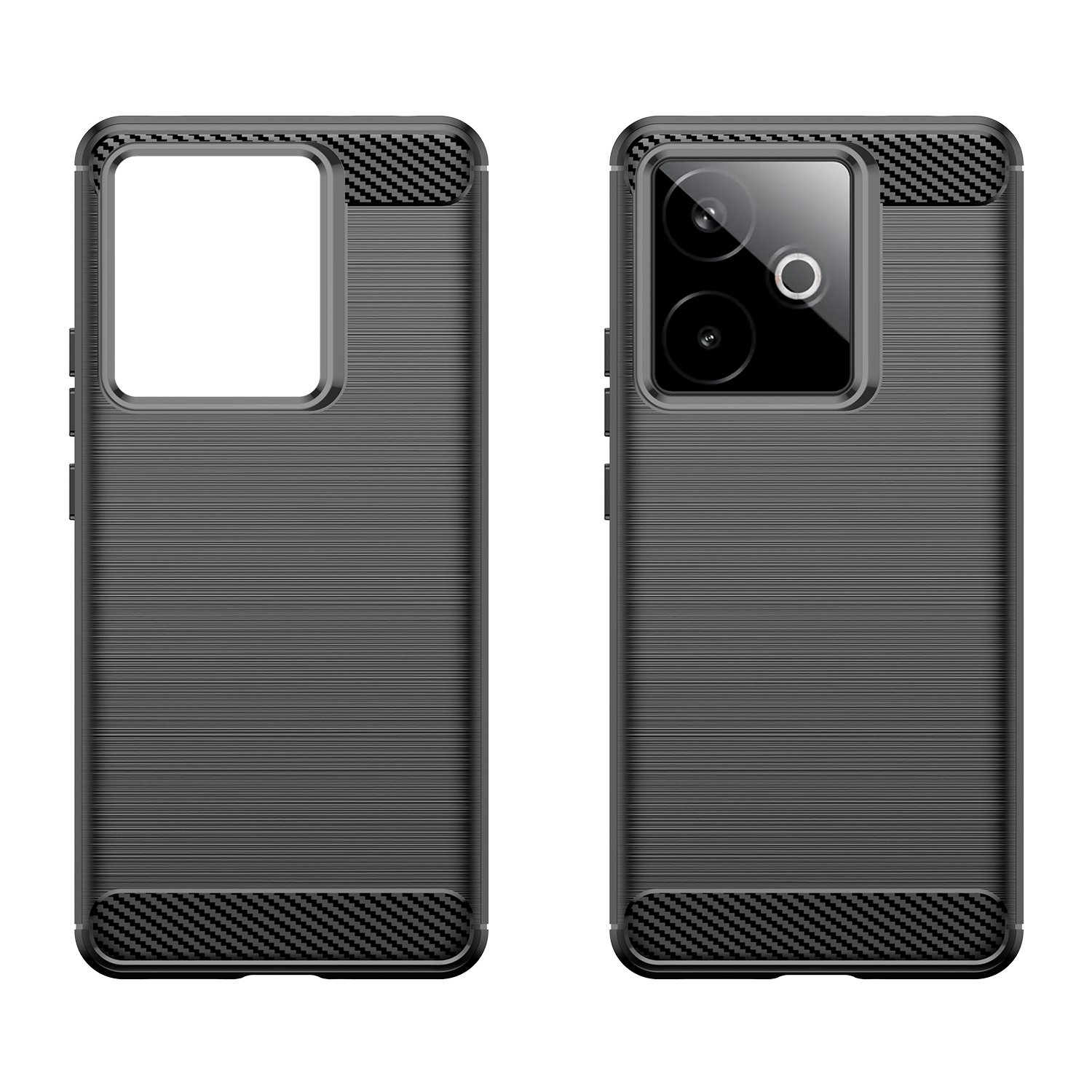 Dos fundas de teléfono negras con textura cepillada y detalles de fibra de carbono.