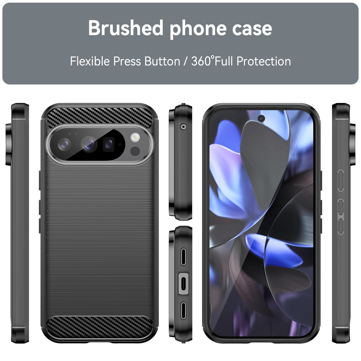 Funda negra para teléfono con textura cepillada y recorte de cámara.