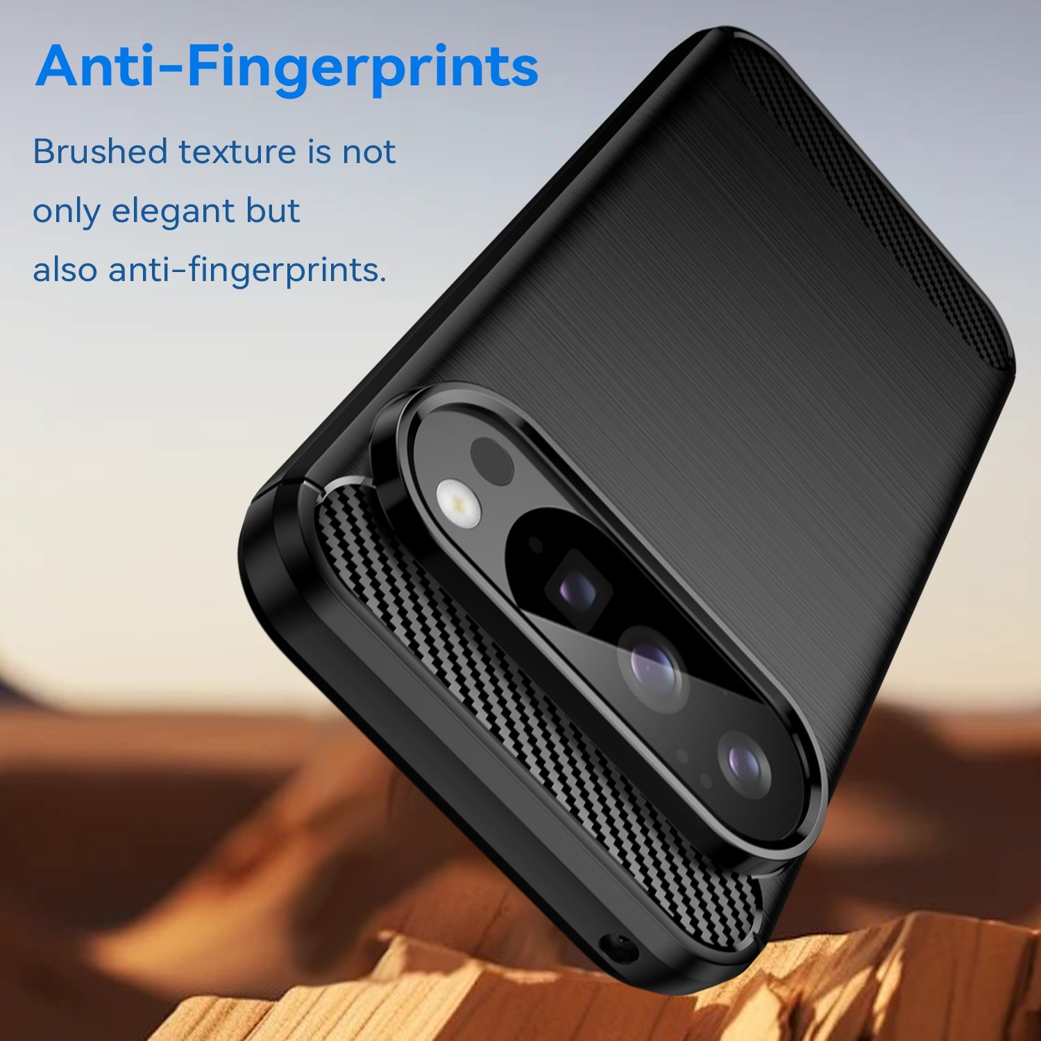 Funda de teléfono negra con textura cepillada y cámara. Fondo borroso.