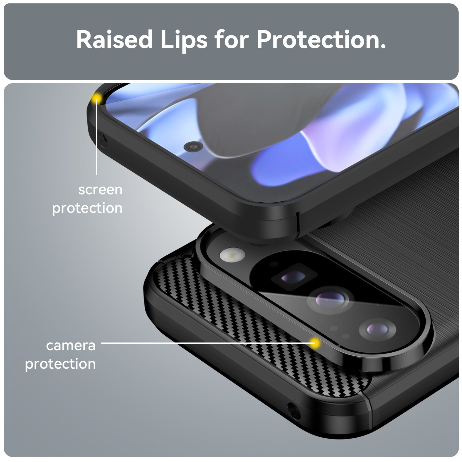 Funda de teléfono negra muestra bordes elevados para protección de pantalla y cámara.