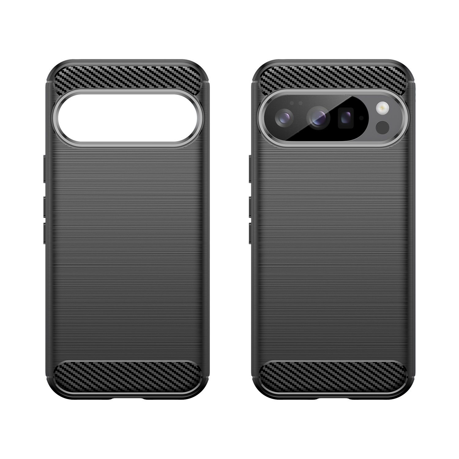 Dos fundas negras para teléfono con detalles de fibra de carbono y corte para cámara.