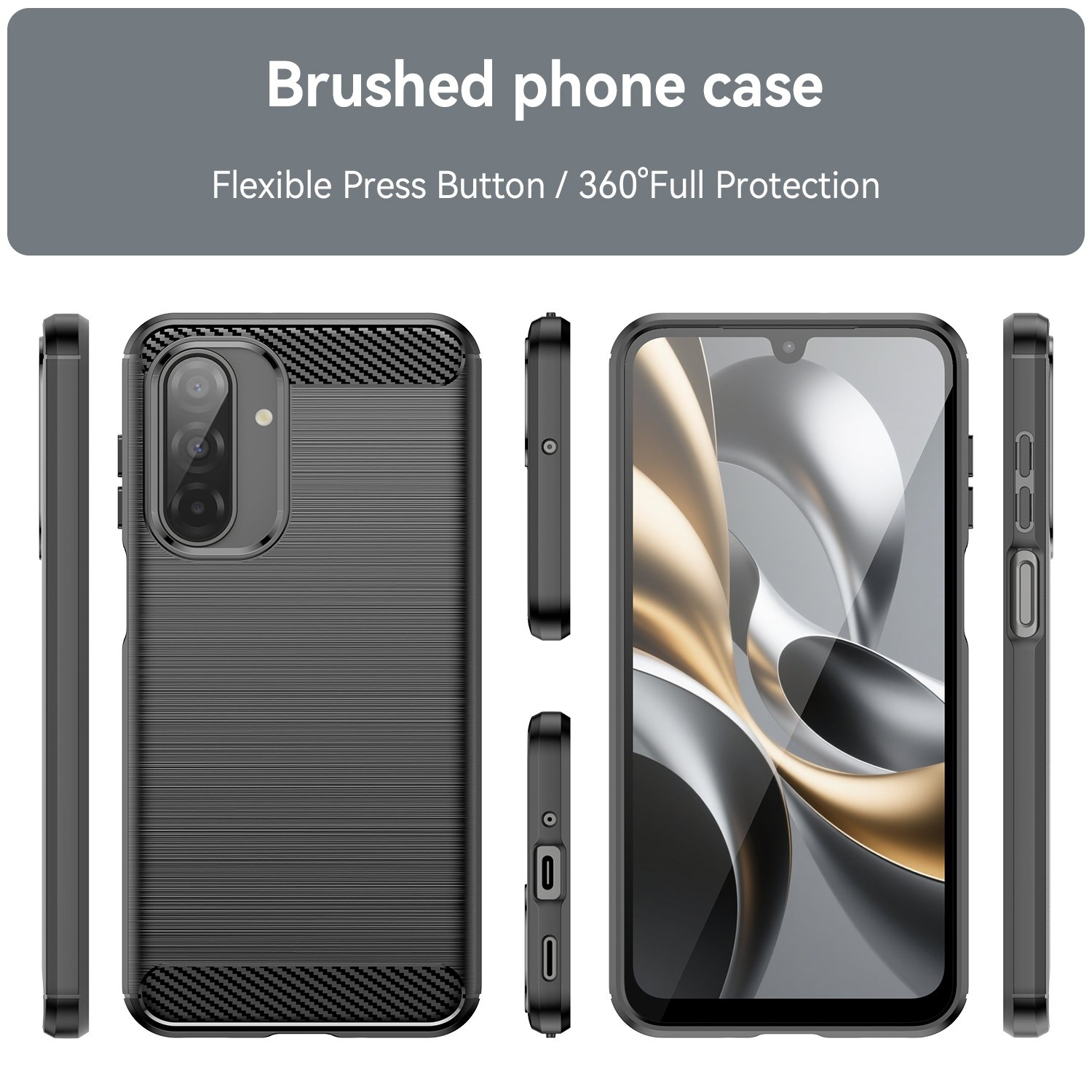 Funda de teléfono negra con textura cepillada y patrón de carbono. Muestra vistas frontal, lateral y trasera.