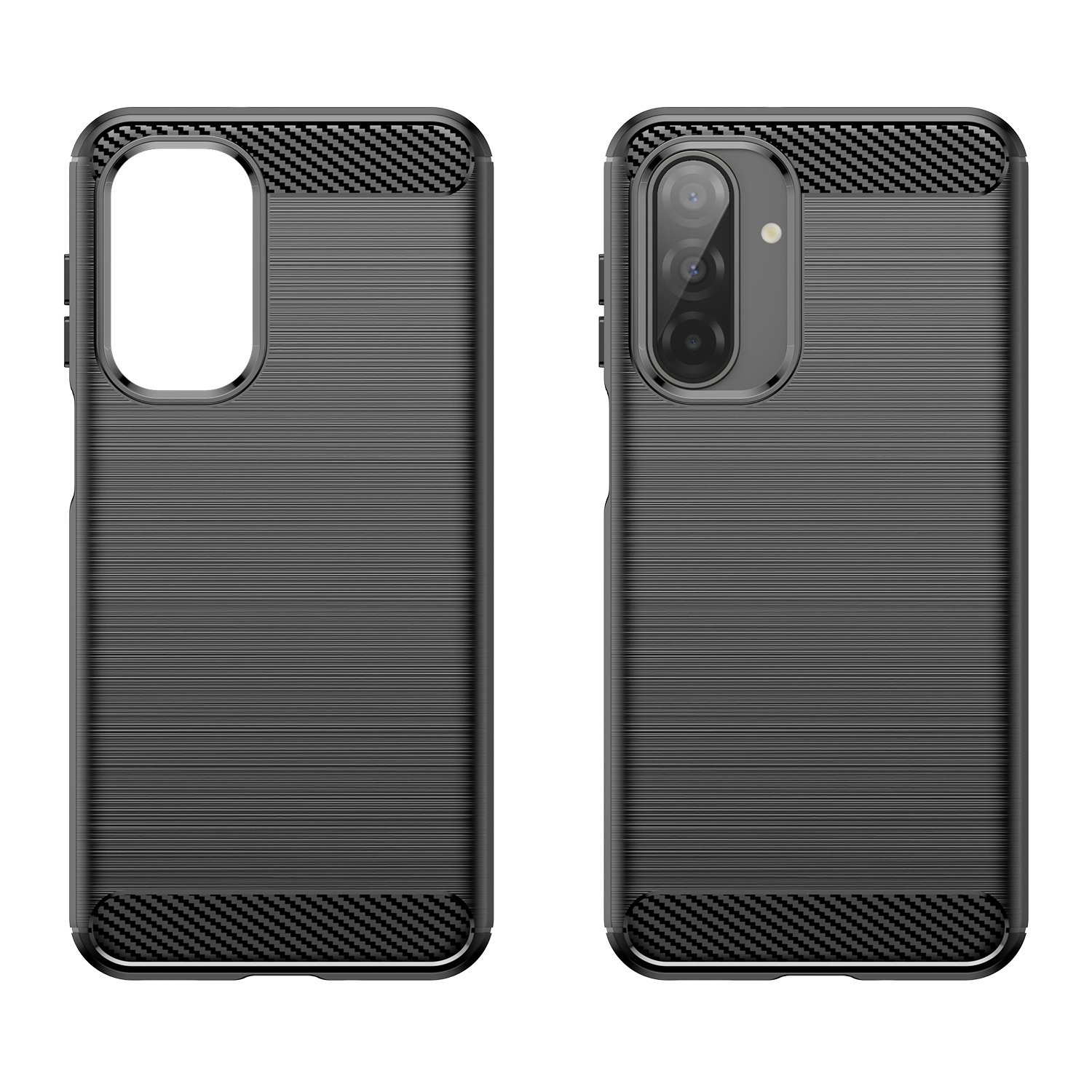 Dos fundas de teléfono negras con detalles de fibra de carbono sobre fondo blanco.