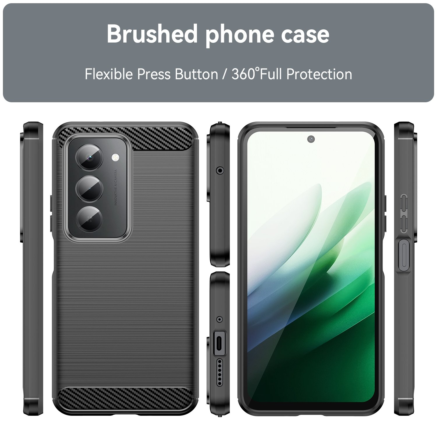 Funda de teléfono gris con textura cepillada y detalles de fibra de carbono.