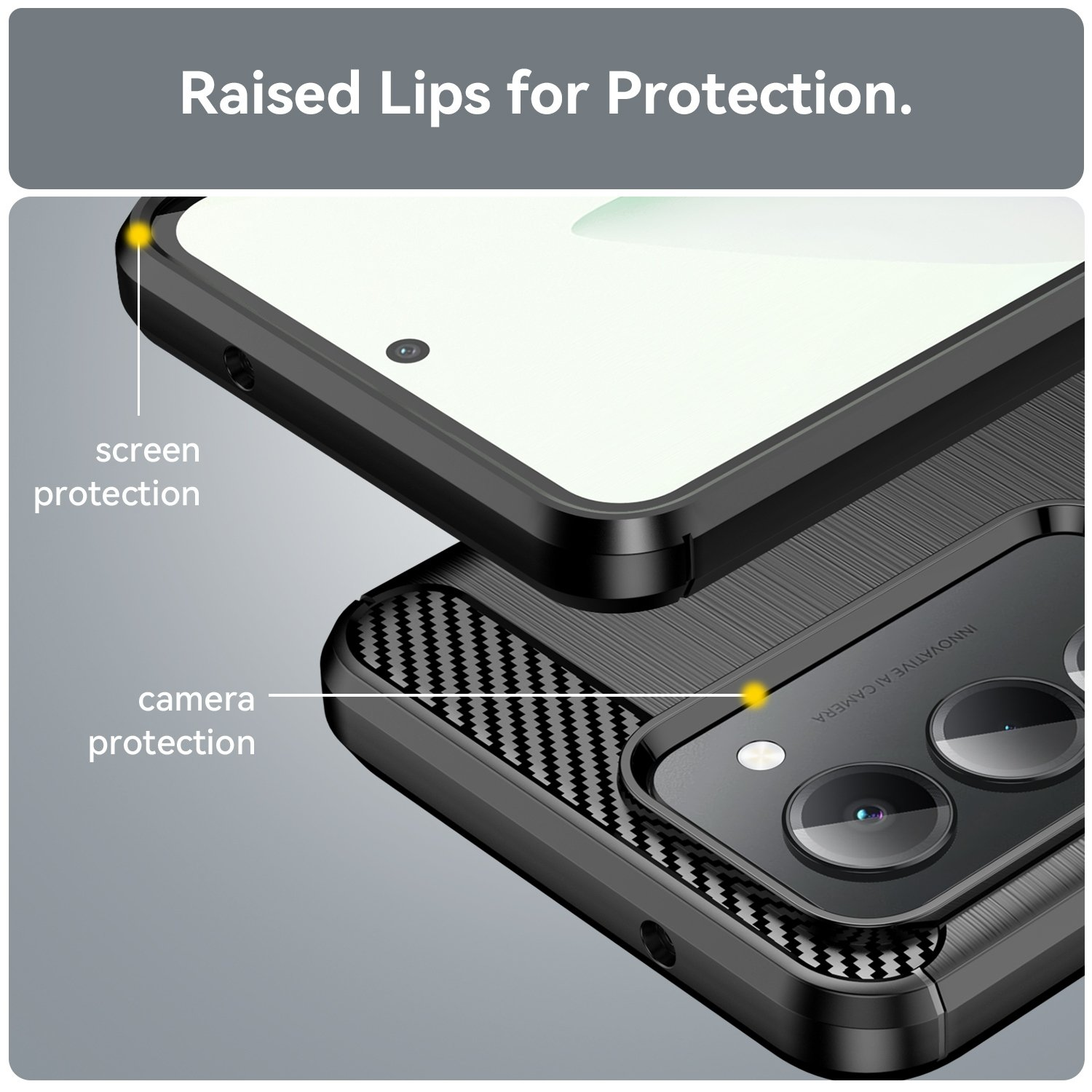 Funda de teléfono negra con bordes elevados para proteger pantalla y cámara.
