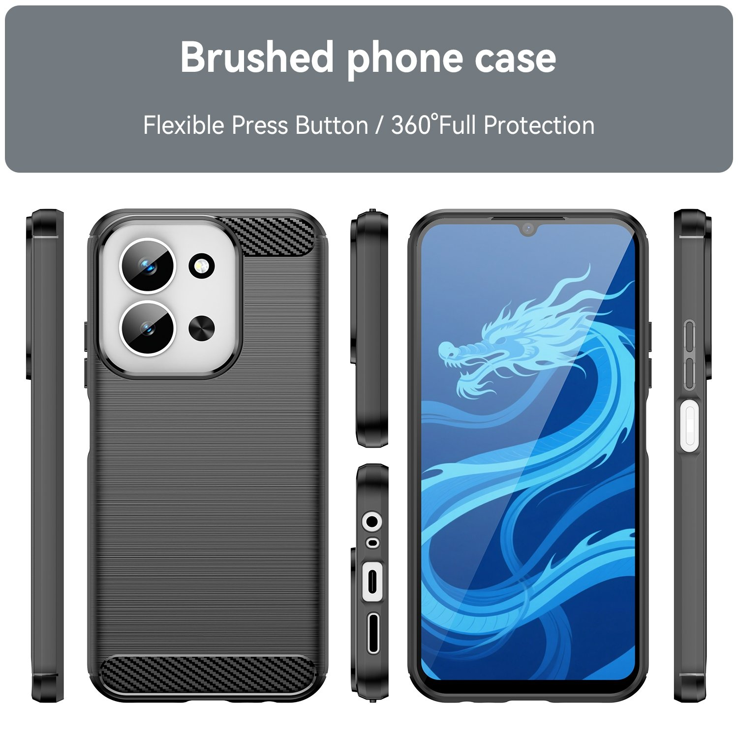 Funda de teléfono negra cepillada en varios ángulos con fondo de dragón azul.