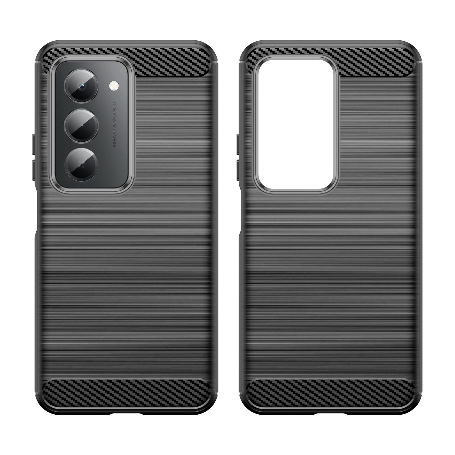 Funda de teléfono negra con textura cepillada y detalles de fibra de carbono.