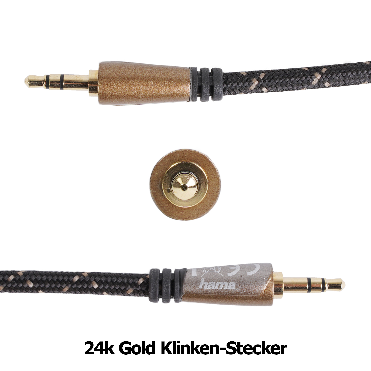 Ein 3,5-mm-Klinkenstecker mit goldenen Kontakten und einem geflochtenen Kabel.