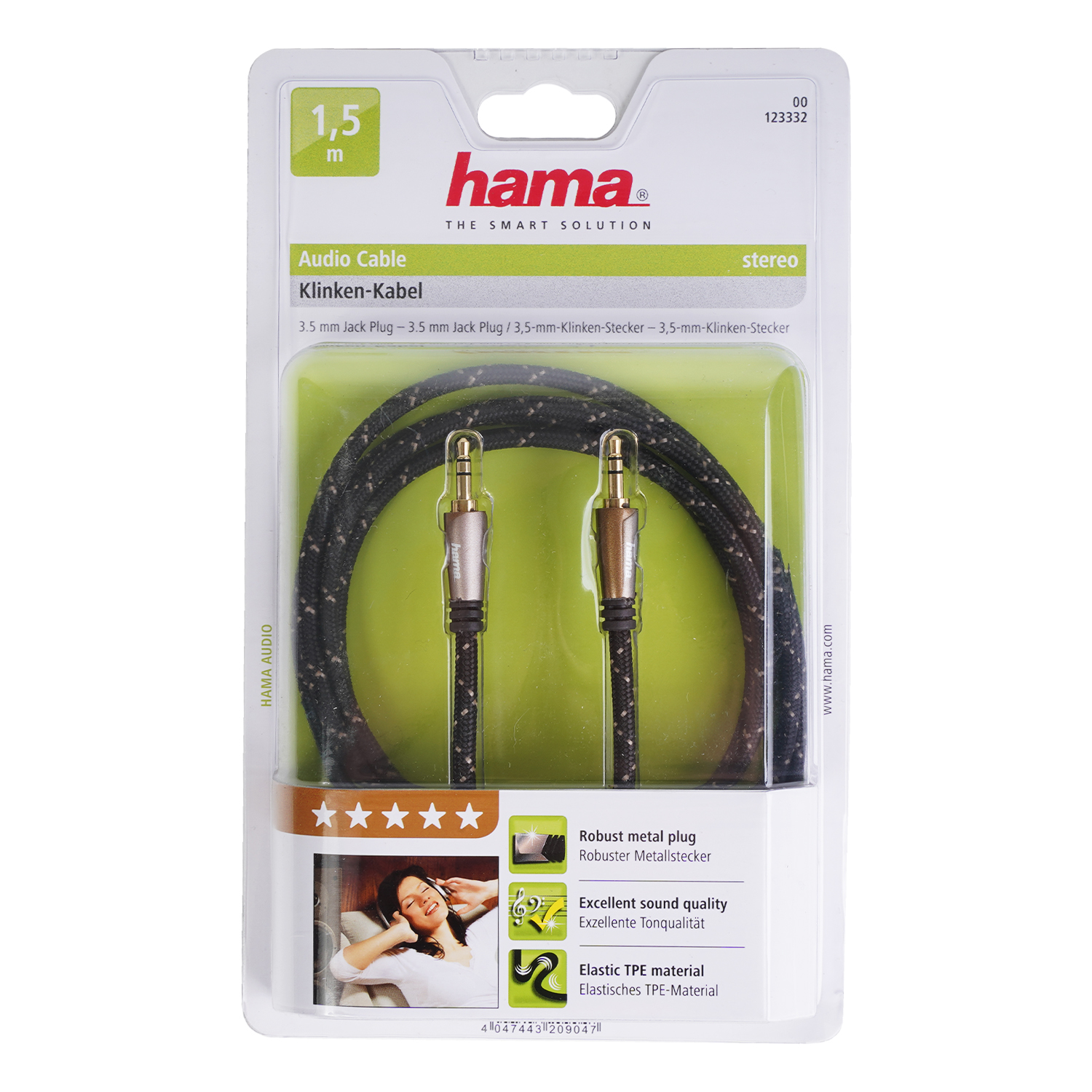 Hama 1,5m Stereo-Audiokabel mit robusten Metallsteckern im Blister.
