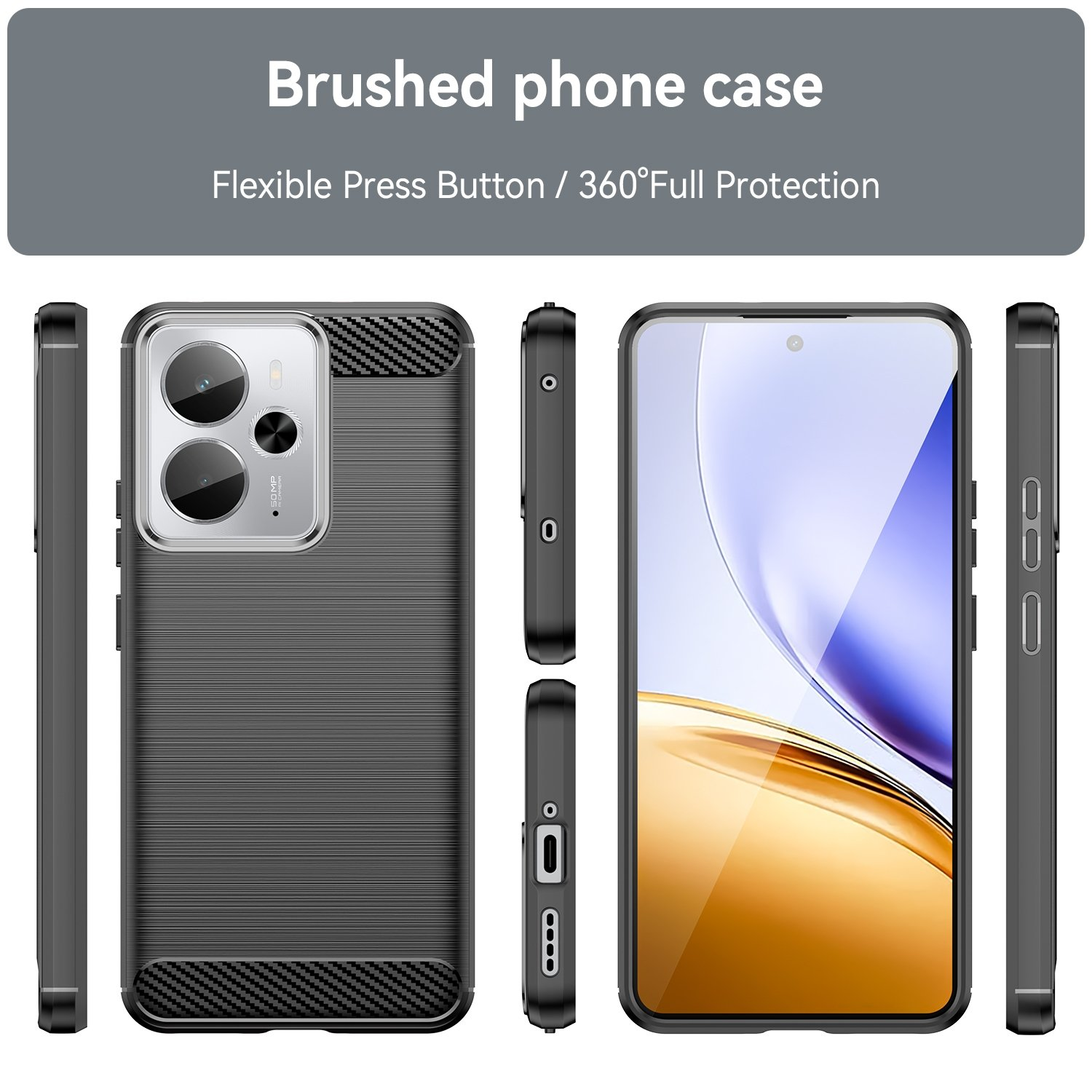 Funda de teléfono negra con textura cepillada, vista frontal, lateral y trasera.