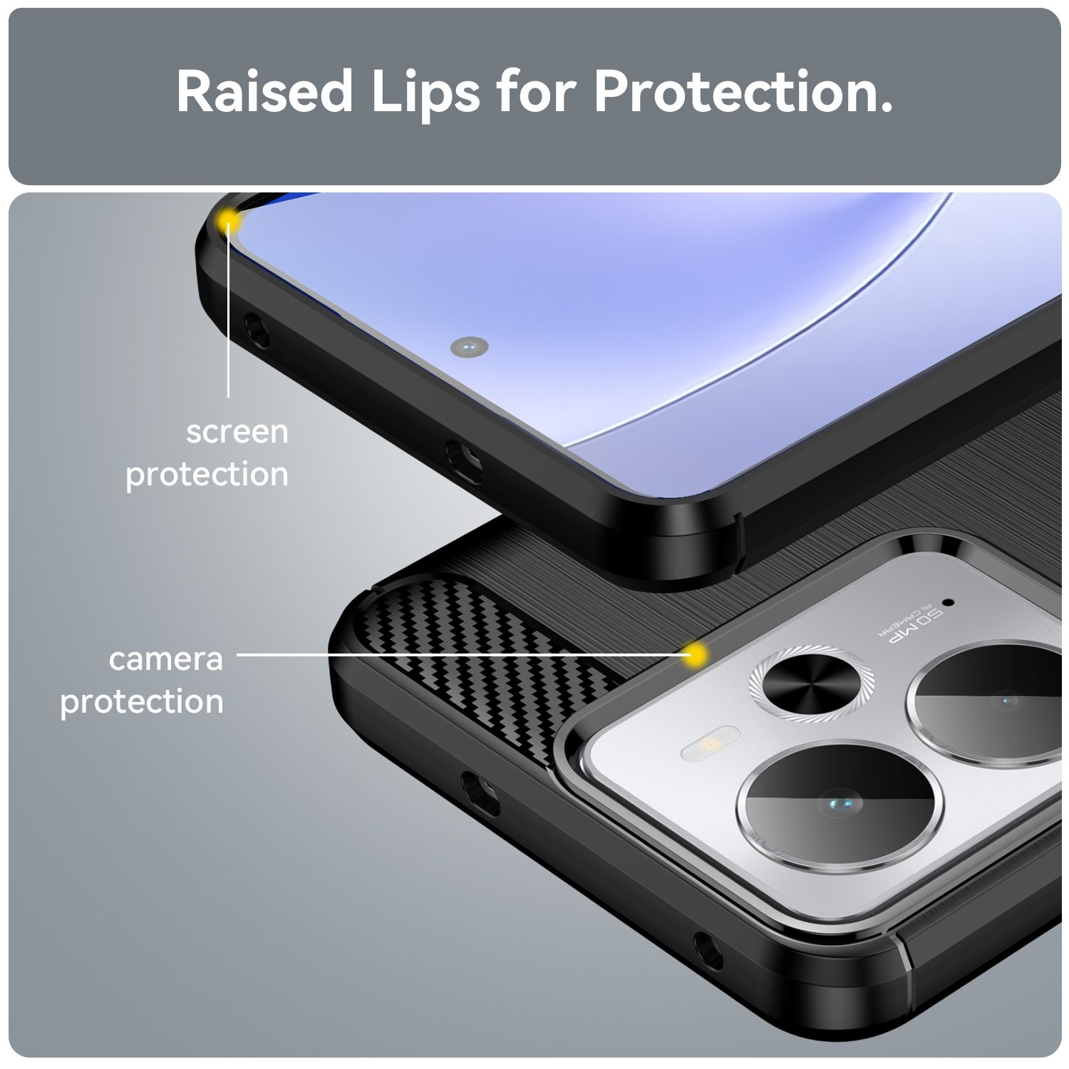Funda negra para teléfono que muestra bordes elevados para protección de pantalla y cámara.