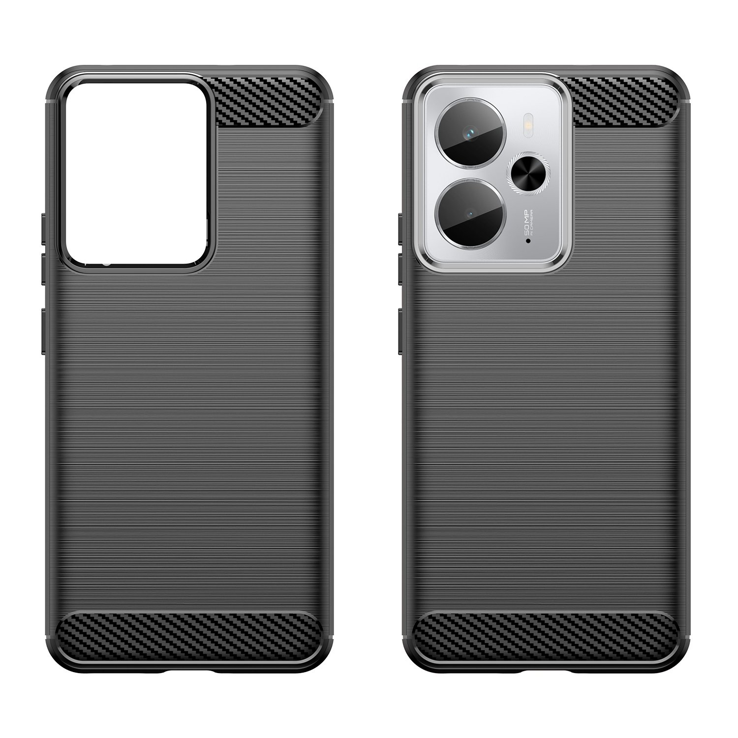 Funda de teléfono negra con textura cepillada y detalles de carbono.
