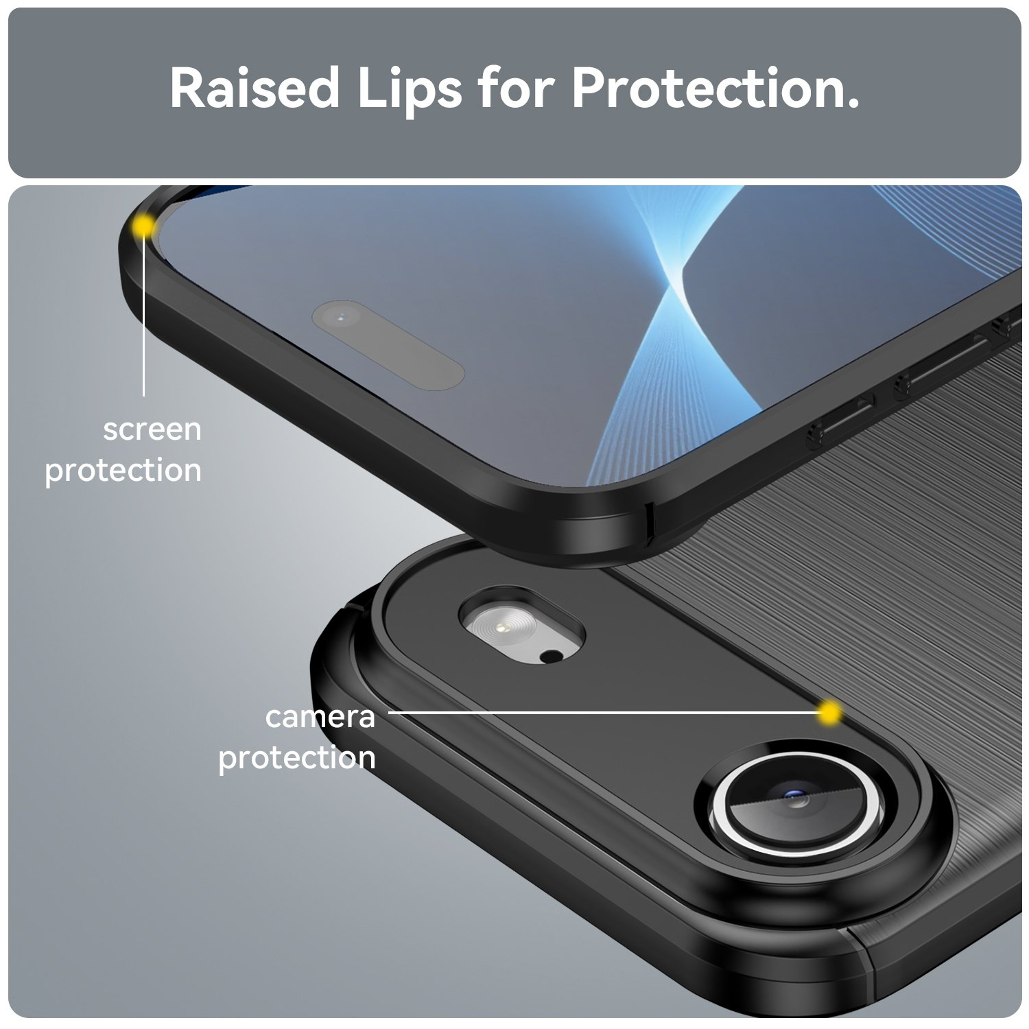 Teléfono negro con bordes elevados para protección de pantalla y cámara.