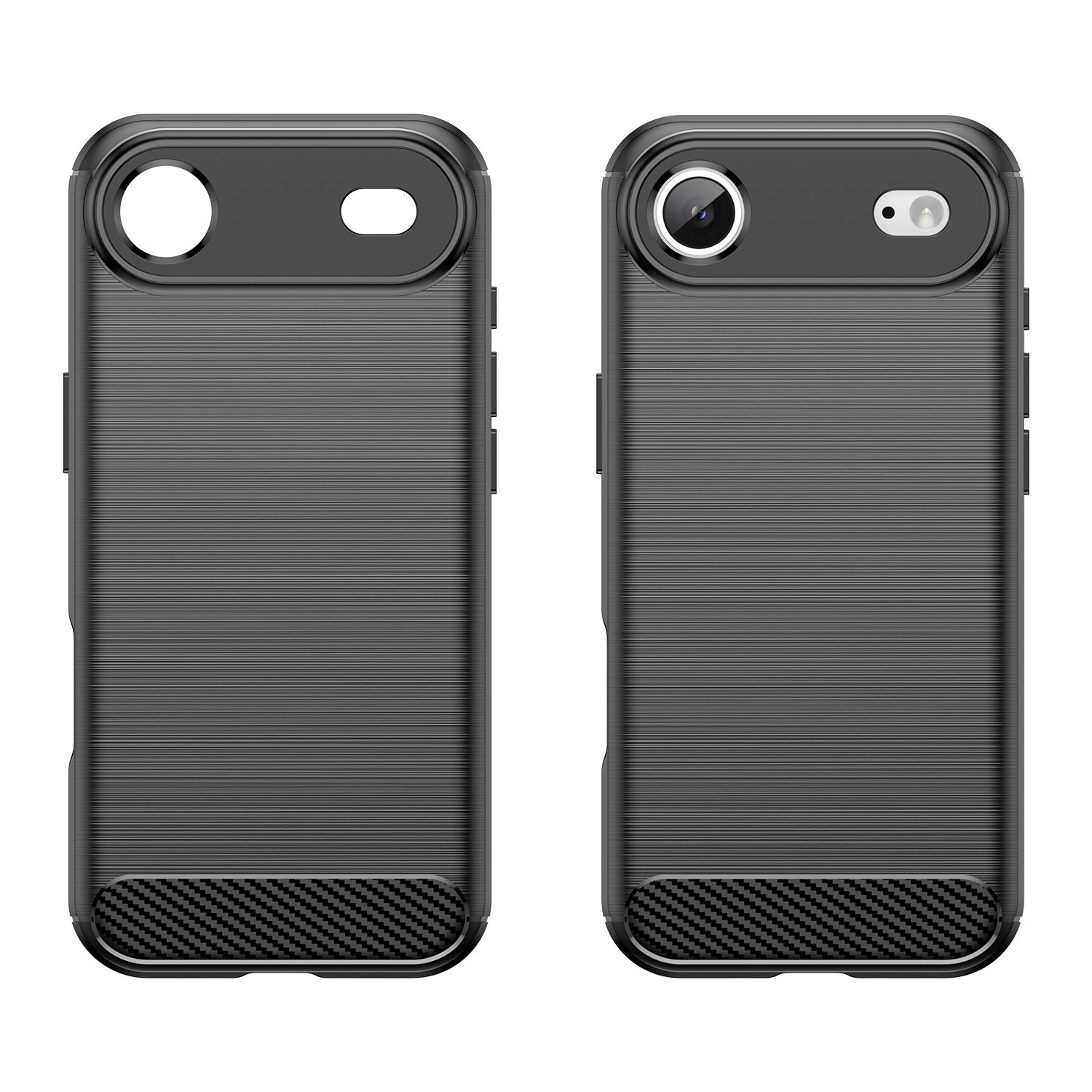 Dos fundas de teléfono negras con textura acanalada y detalles de fibra de carbono.