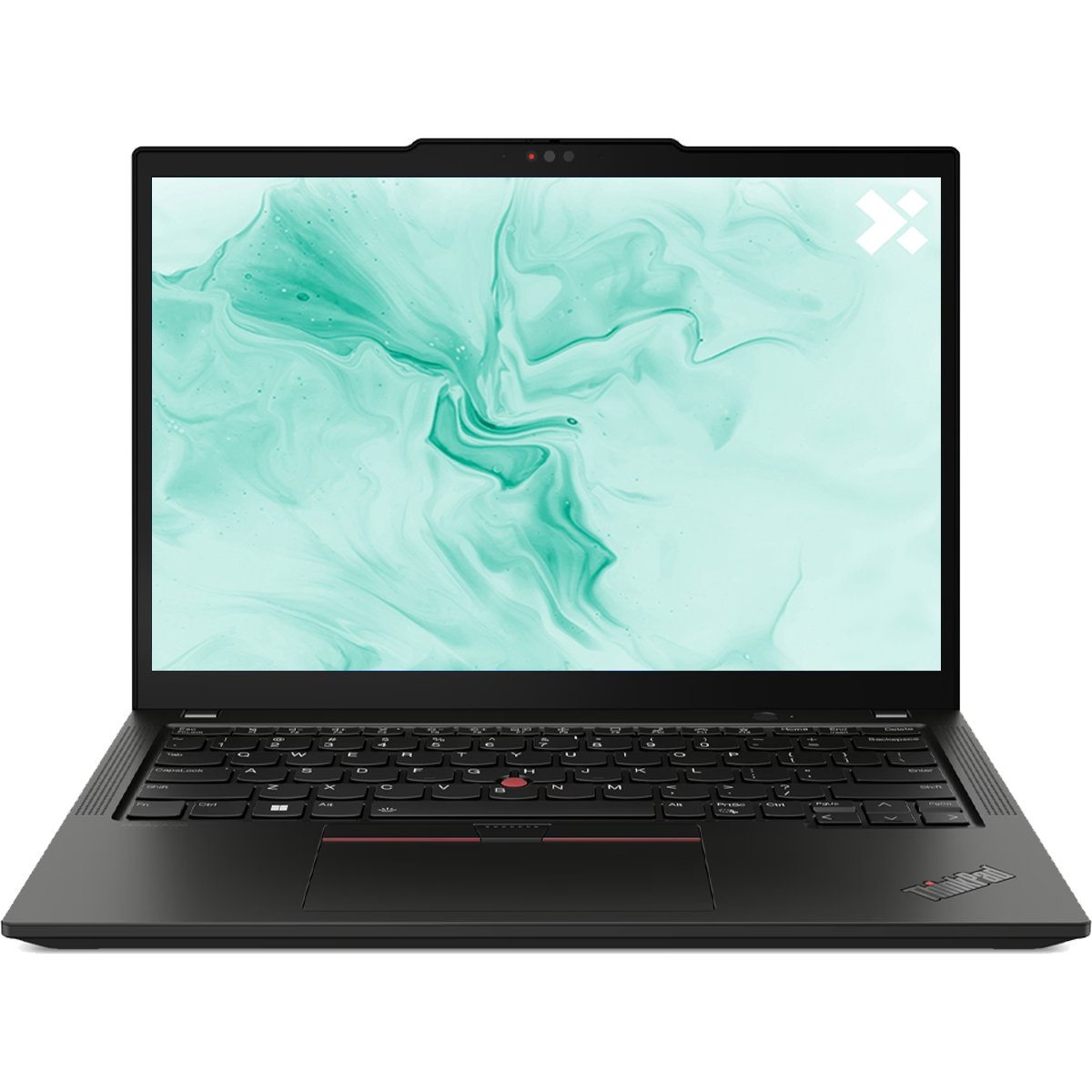 Een open zwarte laptop met een mintgroen marmeren achtergrond.