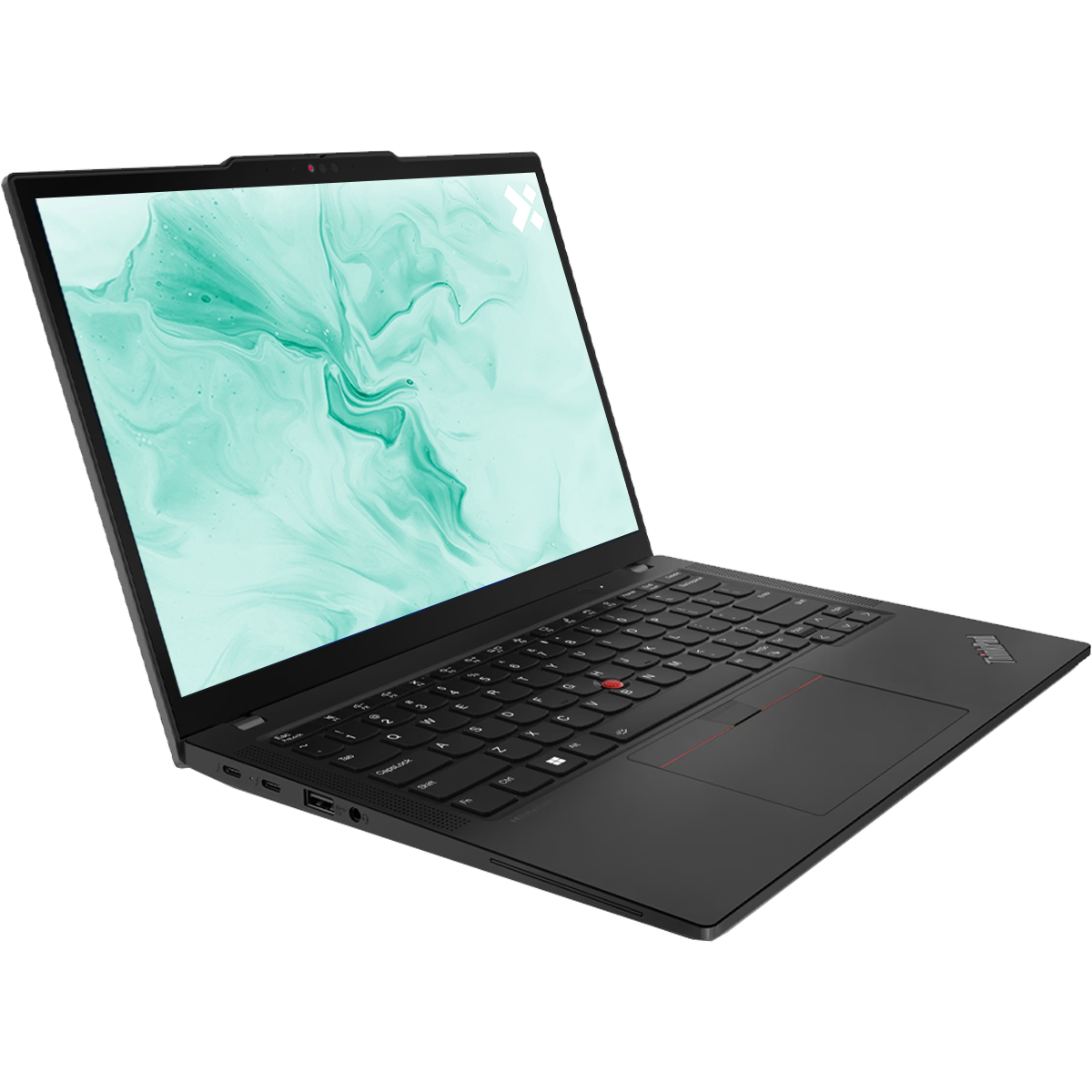 Een zwarte laptop met een turkoois marmerpatroon op het scherm.