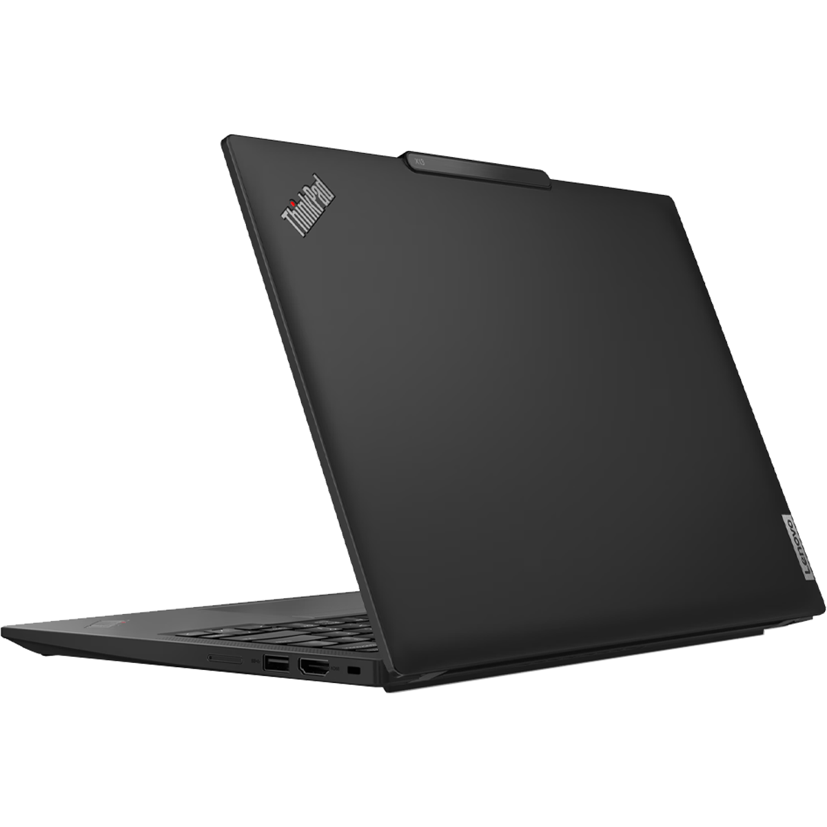 Zwarte laptop met open deksel, ThinkPad-logo linksboven.