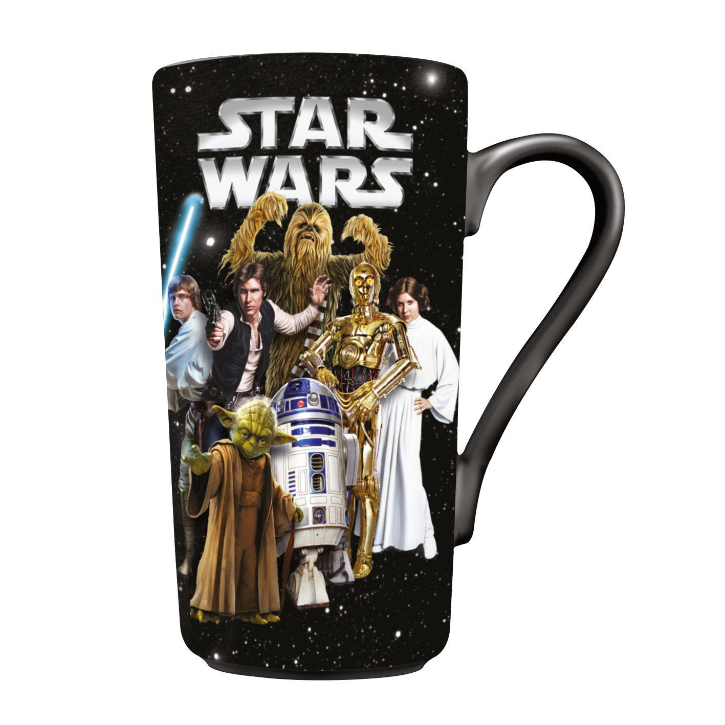 Star Wars Tasse mit Charakteren: Luke, Leia, Han, Chewbacca, Yoda, R2-D2, C-3PO.