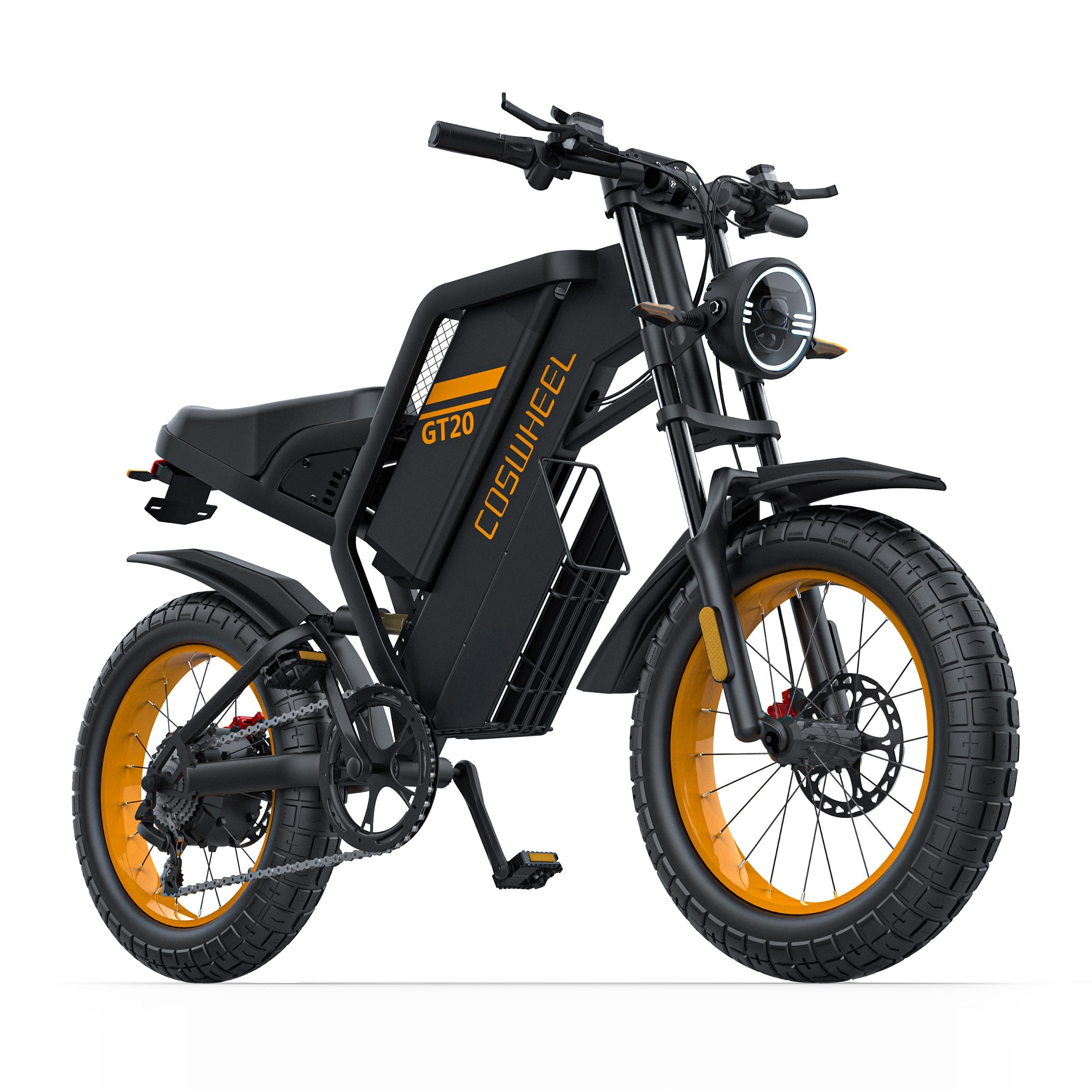 Bicicletta elettrica nera con cerchi e pneumatici arancioni. Modello GT20.