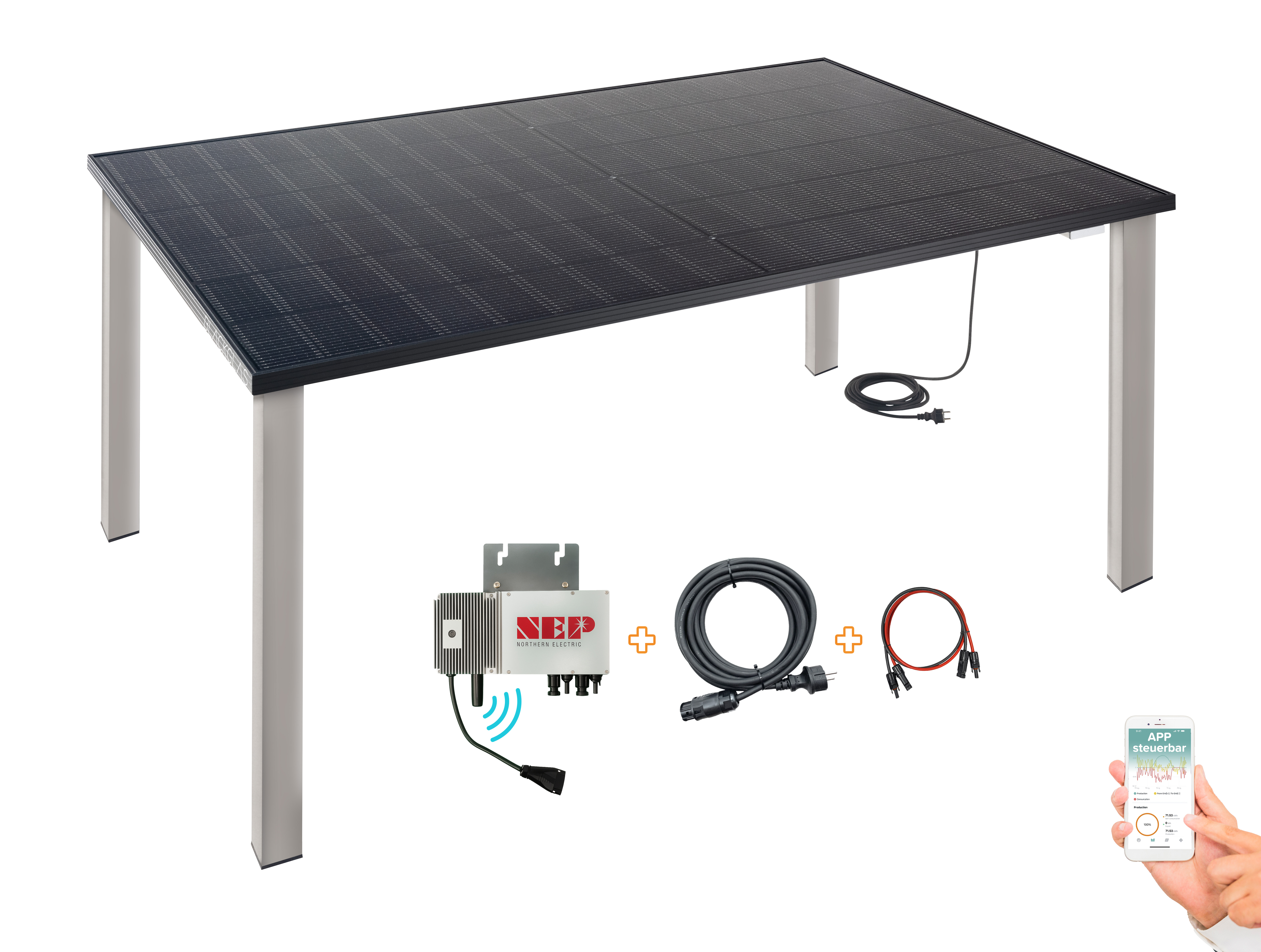 Solartisch mit Wechselrichter, Kabeln und Handy-App-Anzeige.