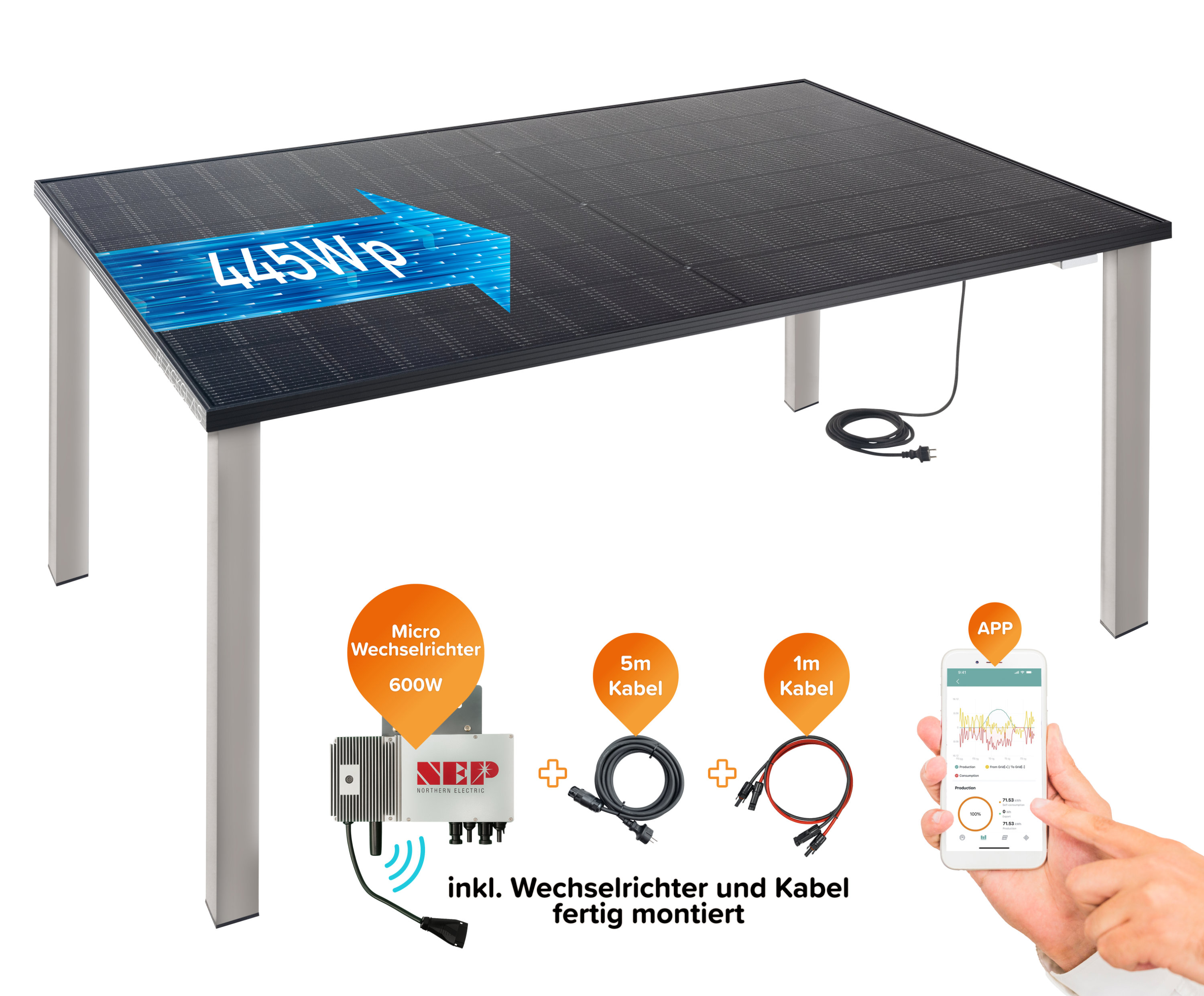 Solartisch mit 445Wp, Wechselrichter, Kabeln und App-Anzeige.