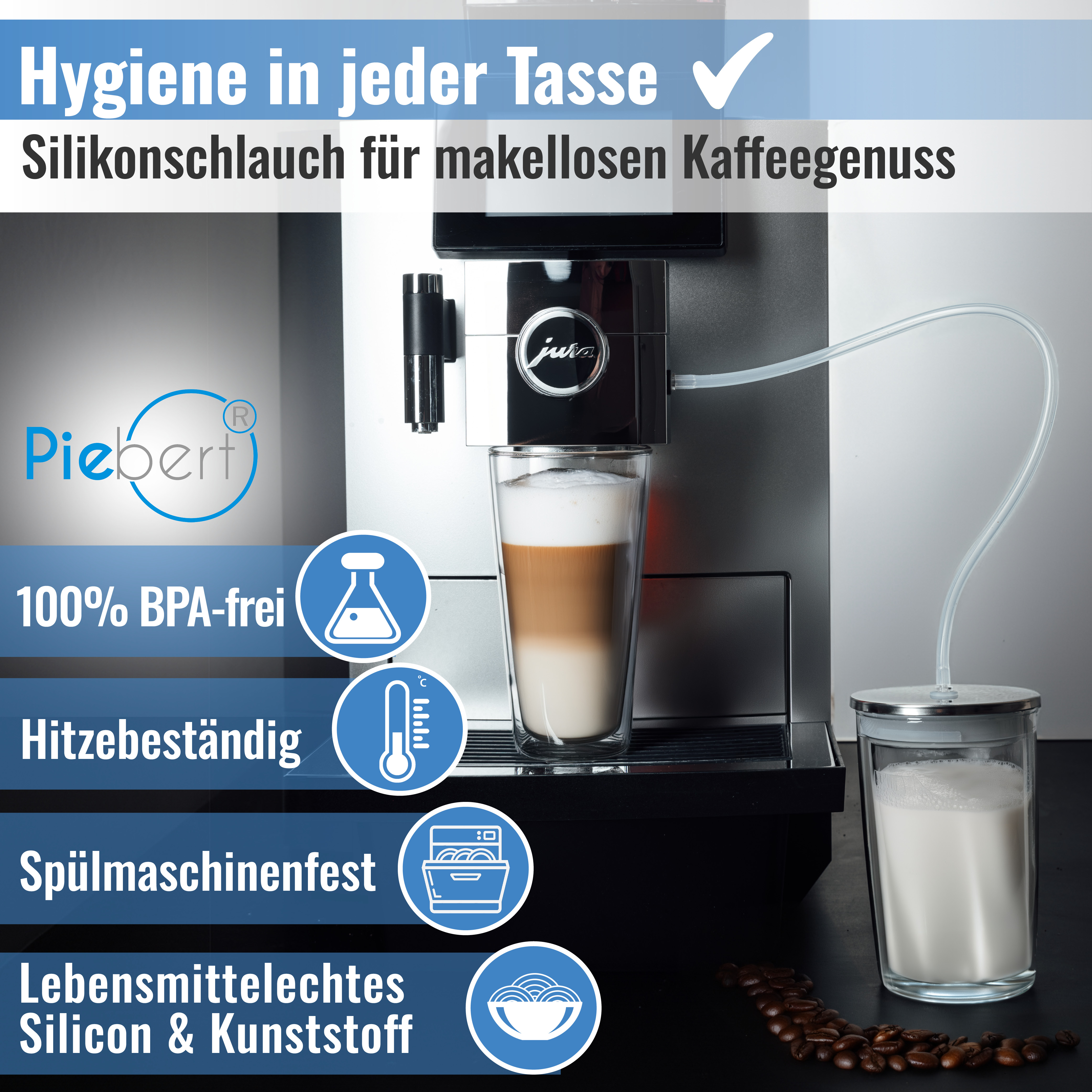 Kaffeemaschine mit Milchbehälter und Silikonschlauch, Glas Latte Macchiato.