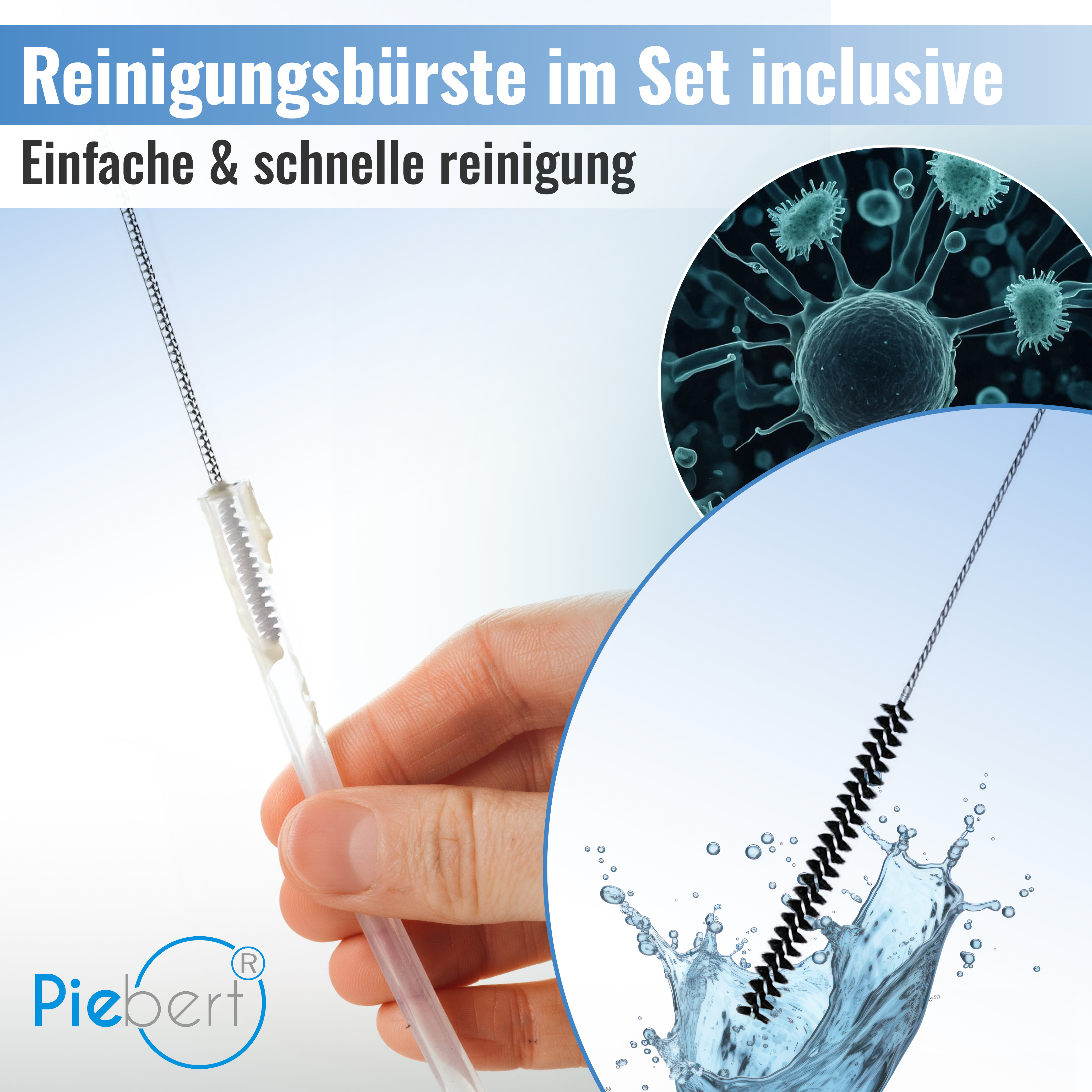 Eine Hand hält eine Reinigungsbürste mit weißem Griff. Mikroben sind in einem Kreis.