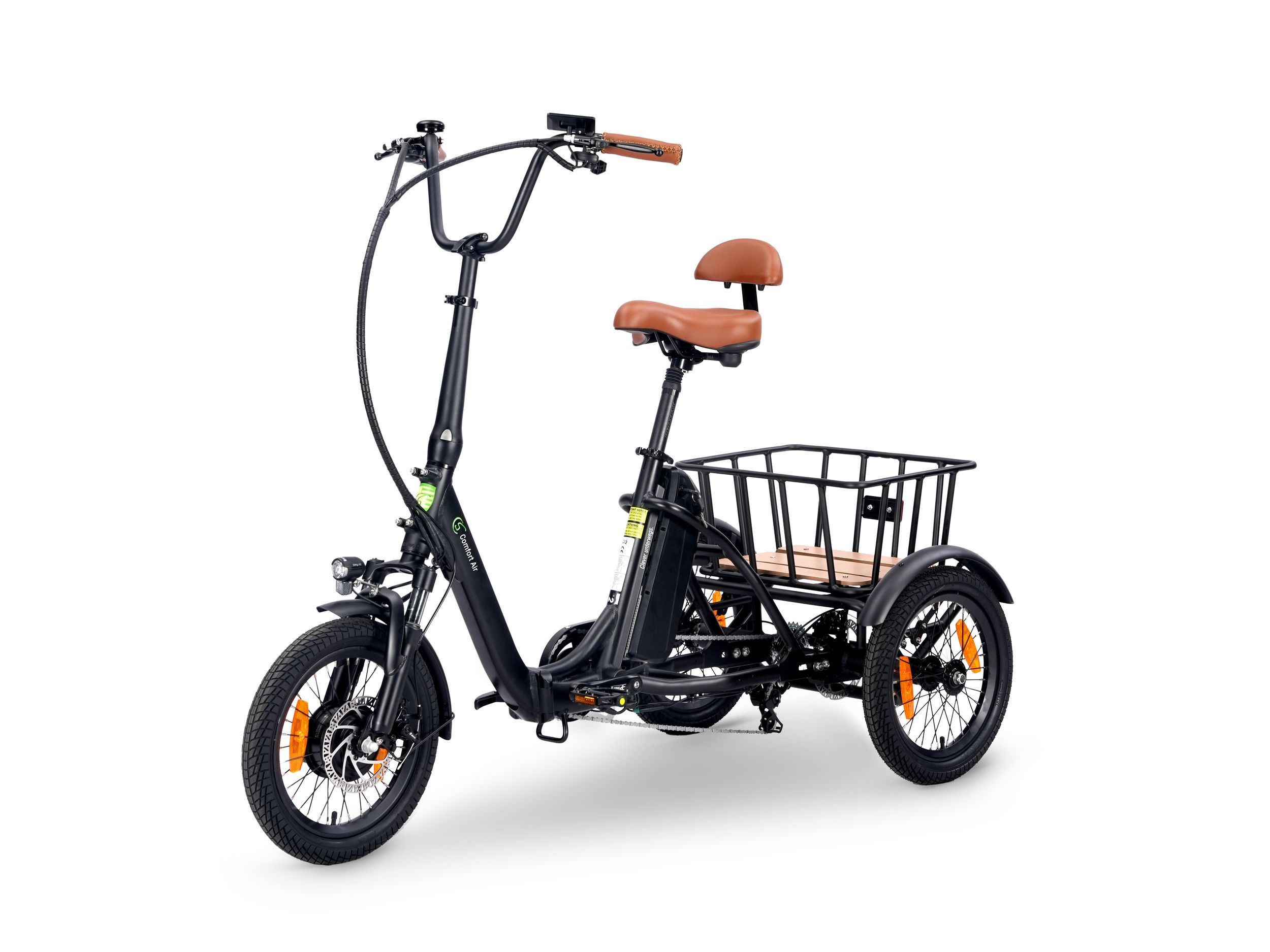 Schwarzes Dreirad-E-Bike mit braunem Sattel, Rückenlehne und Korb.