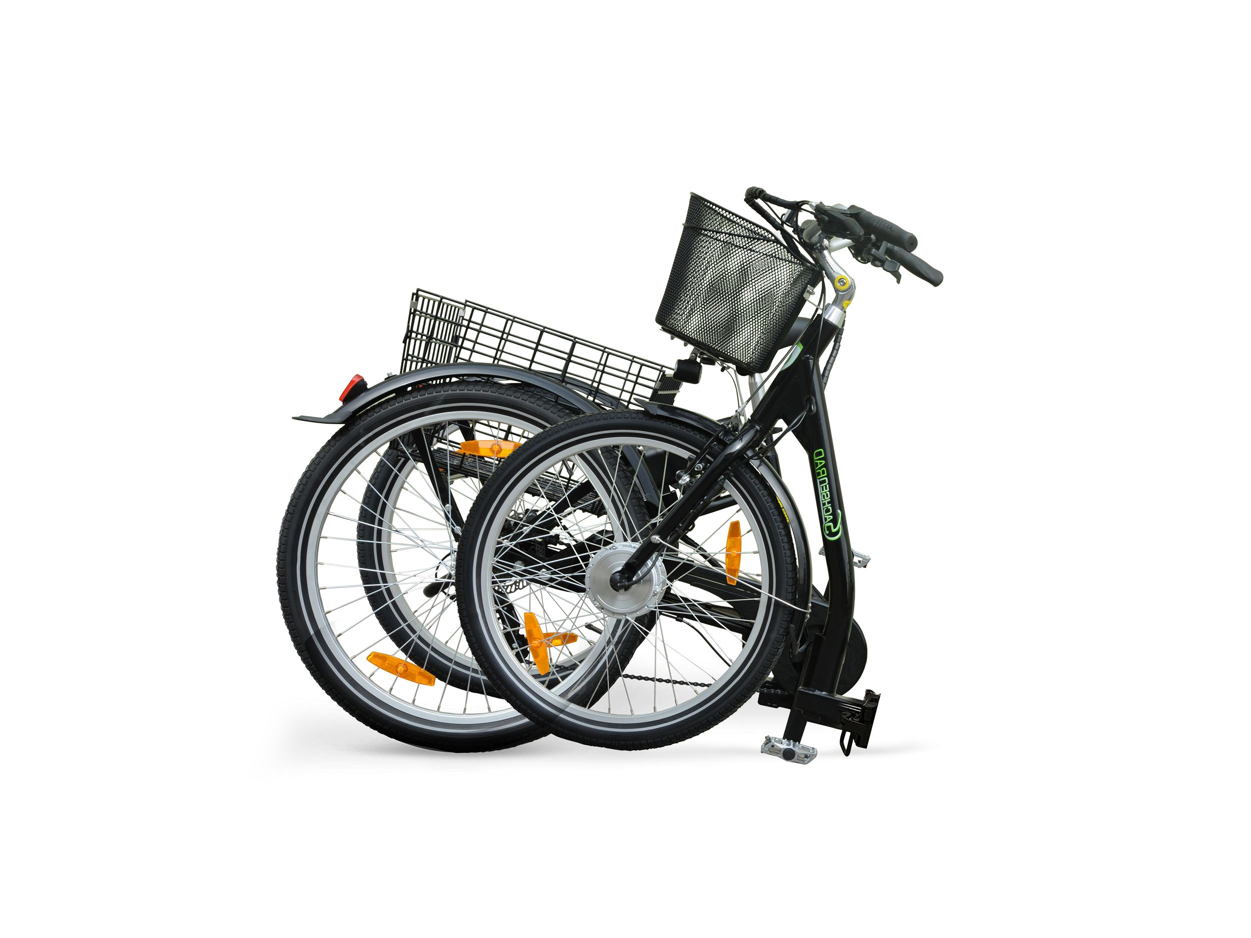Schwarzes Klappfahrrad mit zwei Körben und orangefarbenen Reflektoren.