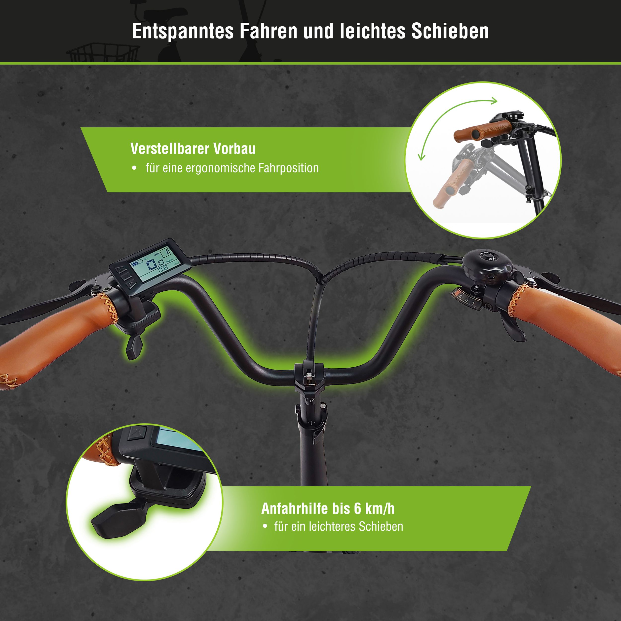Lenker eines E-Bikes mit Display, braunen Griffen und Schaltung.