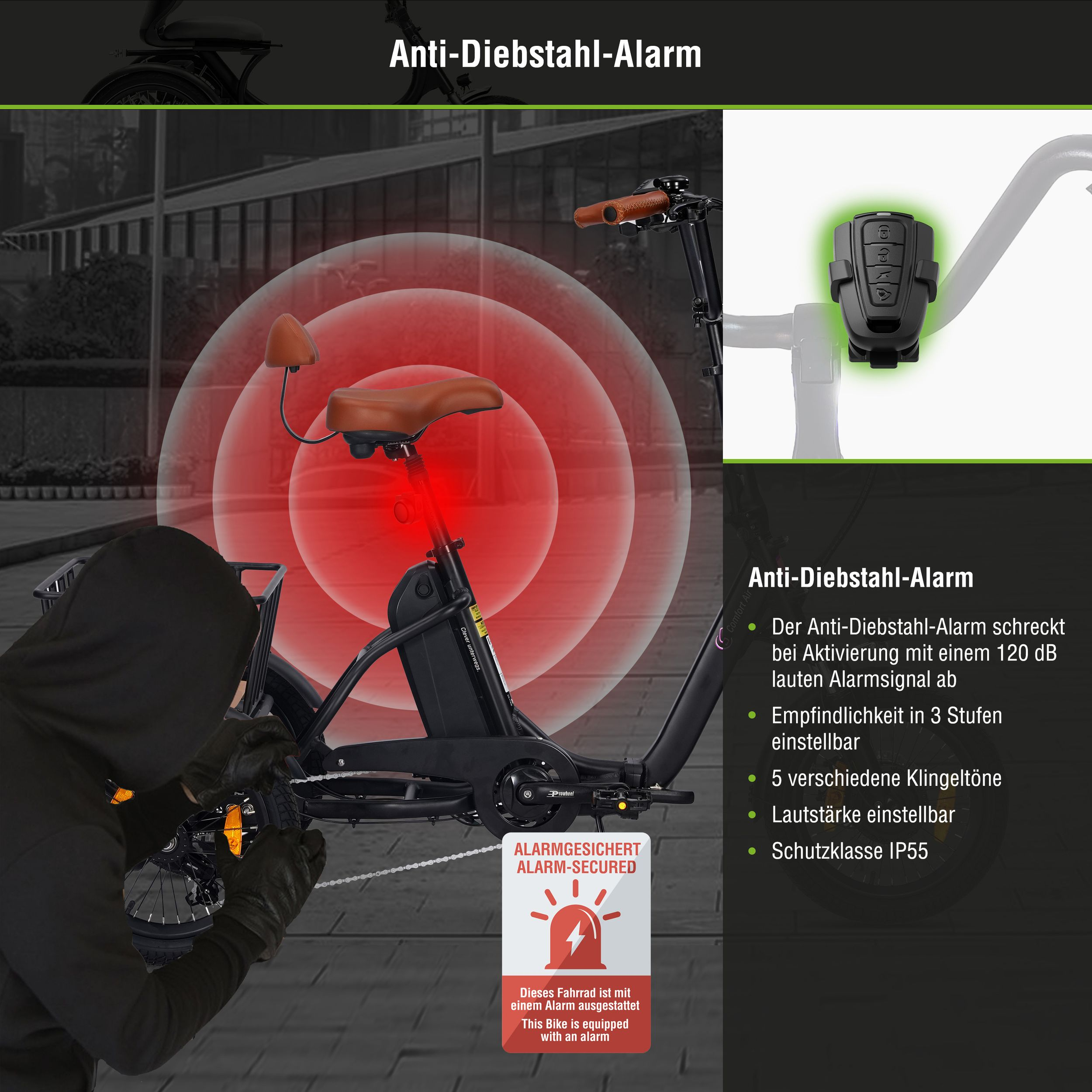 Ein Dieb versucht, ein Fahrrad zu stehlen. Rote Wellen zeigen einen Alarm an.