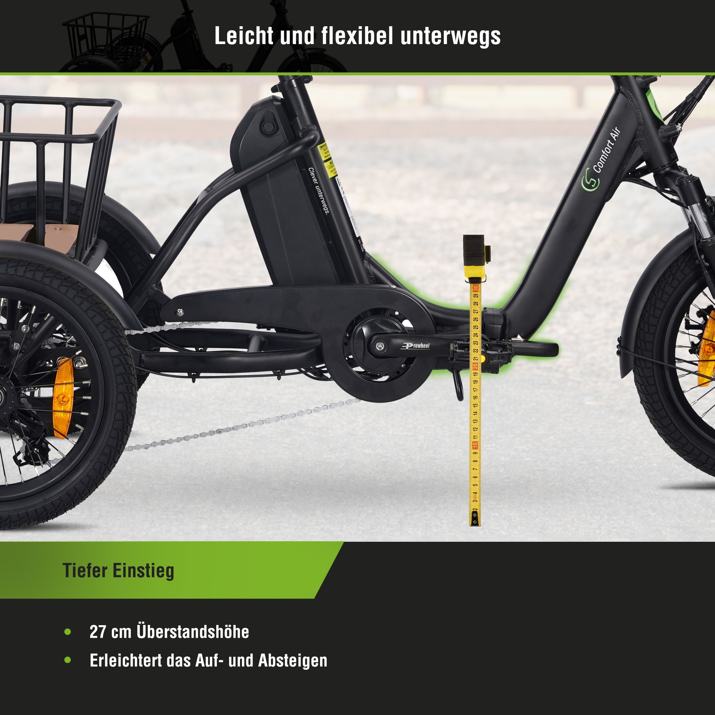 Schwarzes E-Bike mit tiefem Einstieg, Korb und Maßband zur Höhenmessung.