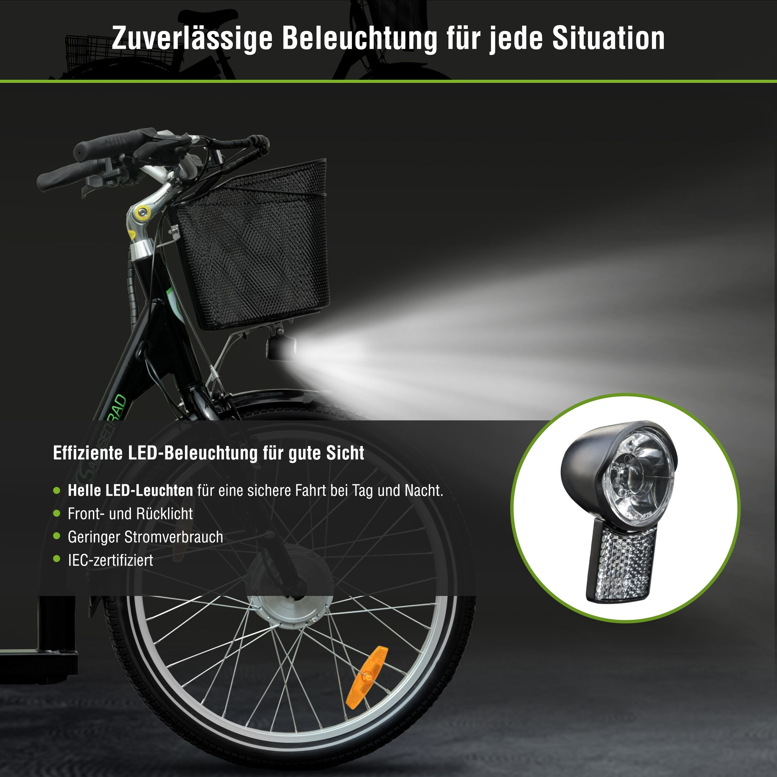 Ein Fahrrad mit heller LED-Beleuchtung vorne und hinten.