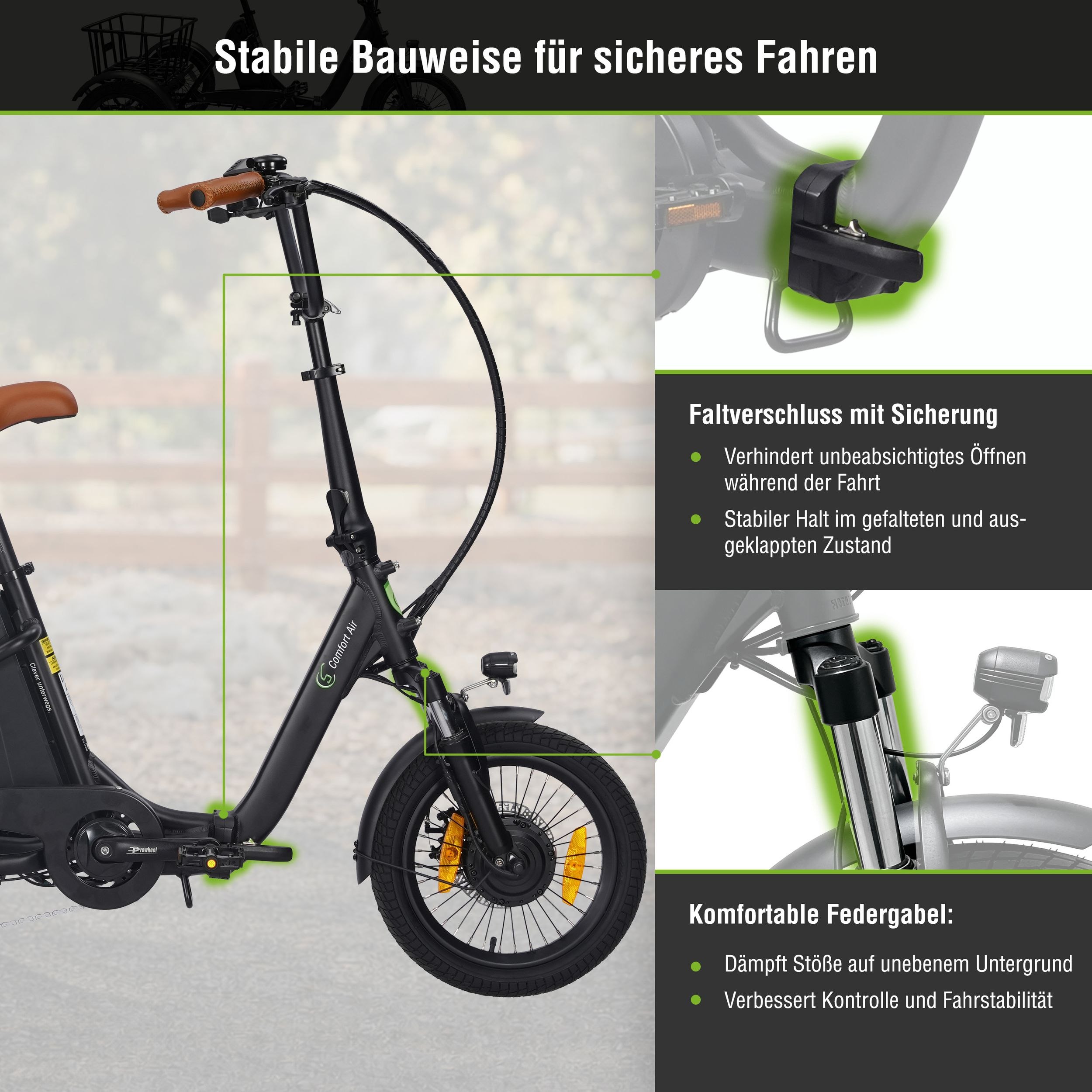 Ein schwarzes Faltrad mit braunem Sattel und Griffen. Details zu Faltverschluss und Federgabel.
