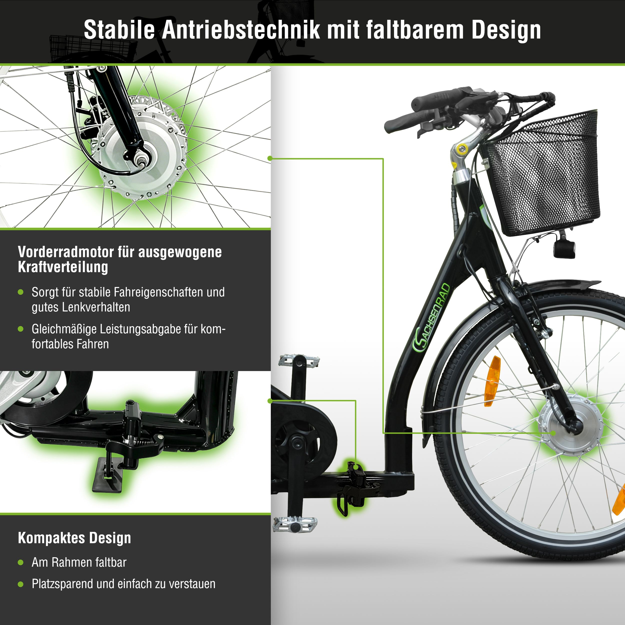 Schwarzes Fahrrad mit Vorderradmotor, Korb und faltbarem Rahmen.