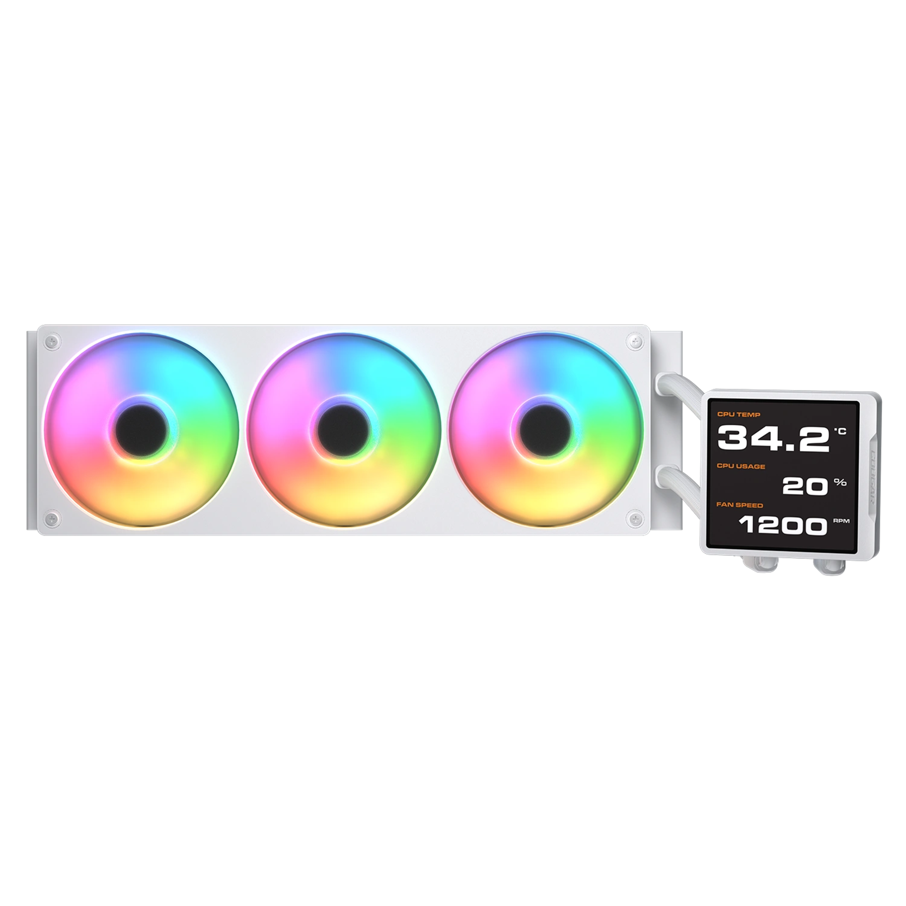 Biała chłodnica CPU z trzema wentylatorami RGB i małym wyświetlaczem.