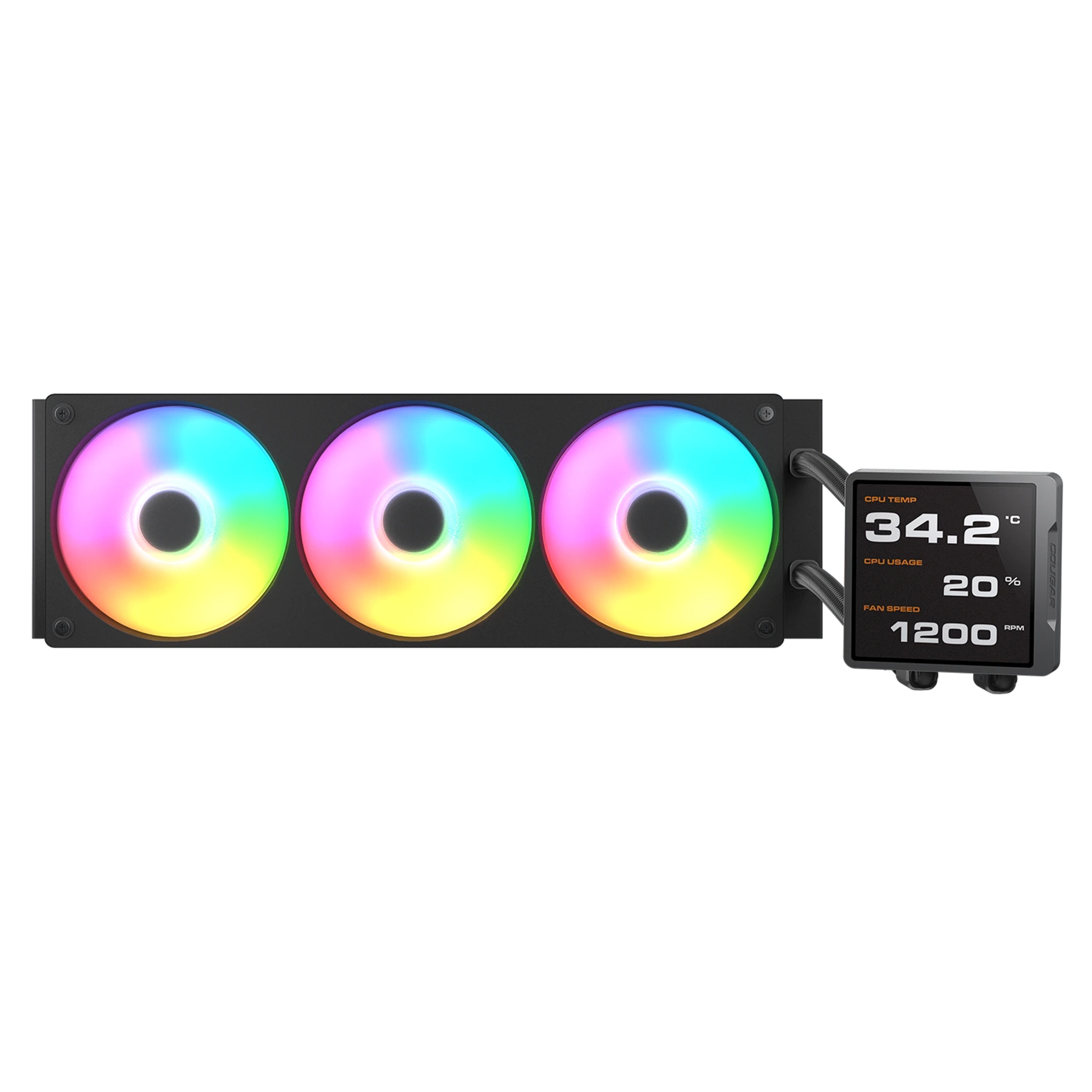 Czarna chłodnica procesora z trzema wentylatorami RGB i wyświetlaczem danych procesora.