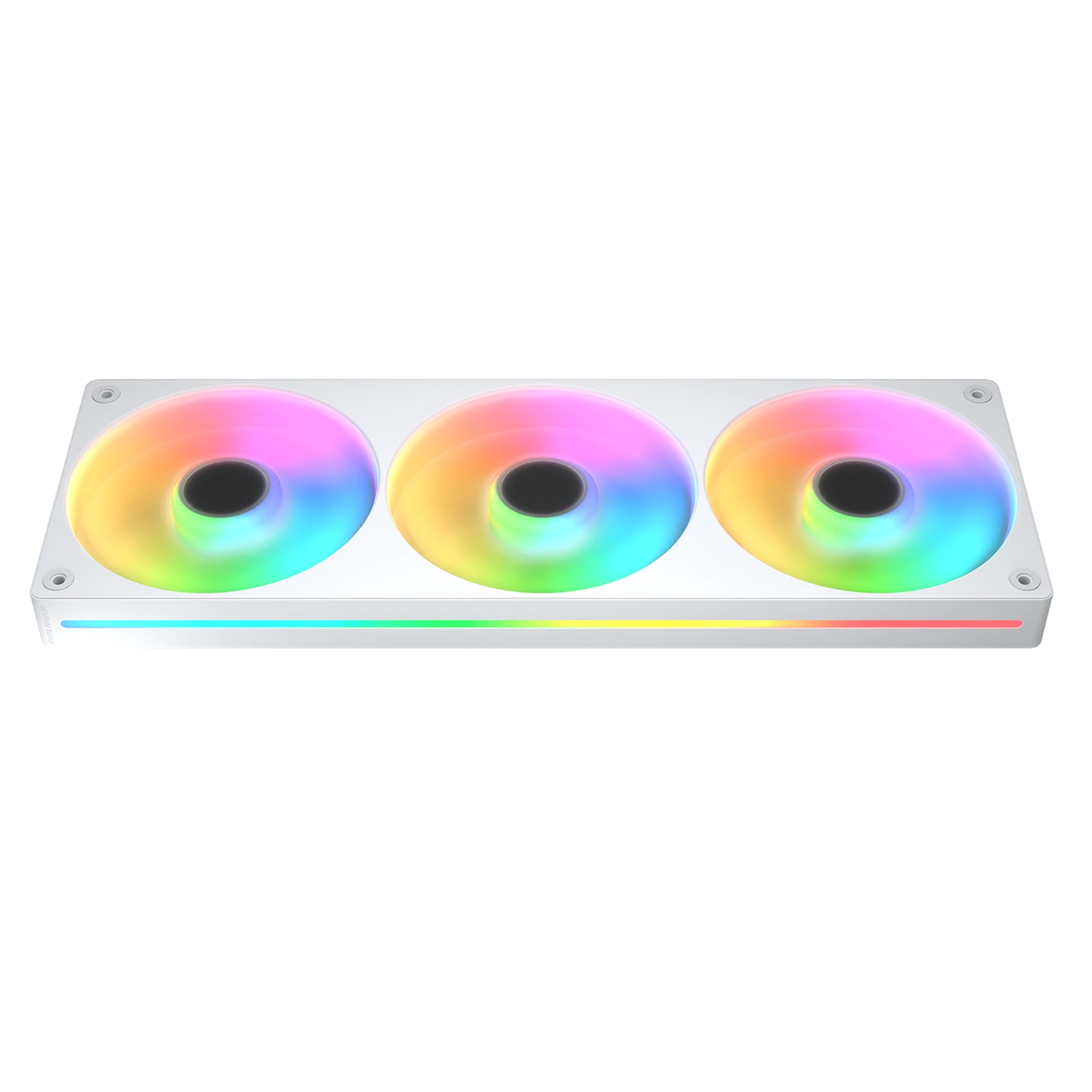 Trzy białe wentylatory komputerowe z oświetleniem RGB na czarnym tle.