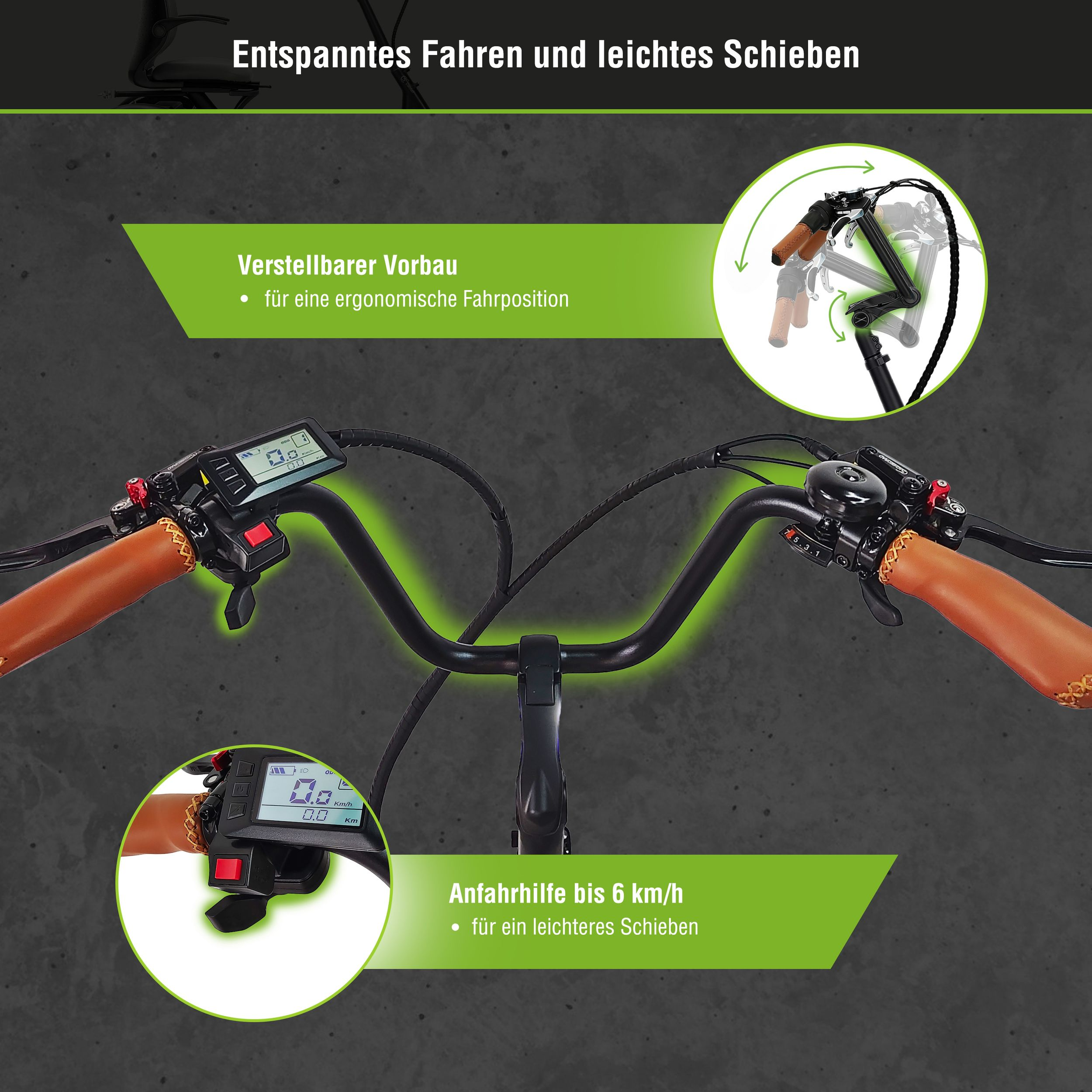 Fahrradlenker mit Display, braunen Griffen und Bedienelementen. Verstellbar.