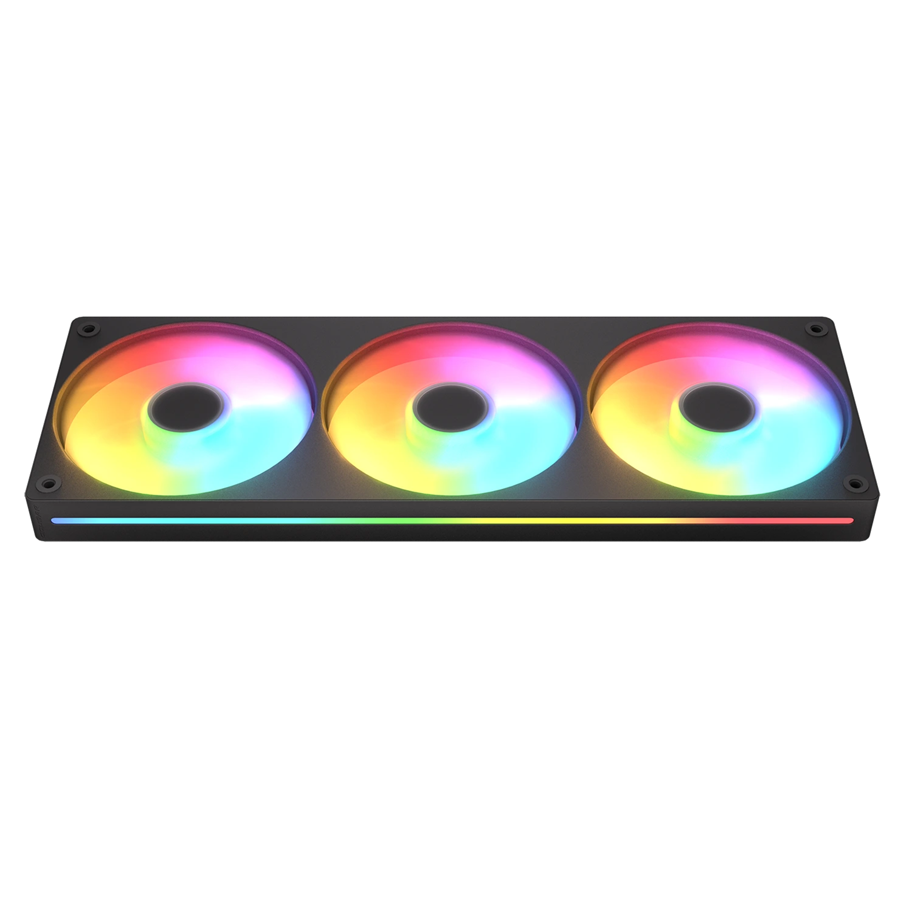 Trzy wentylatory PC RGB w czarnej ramie, świecące kolorowymi światłami.