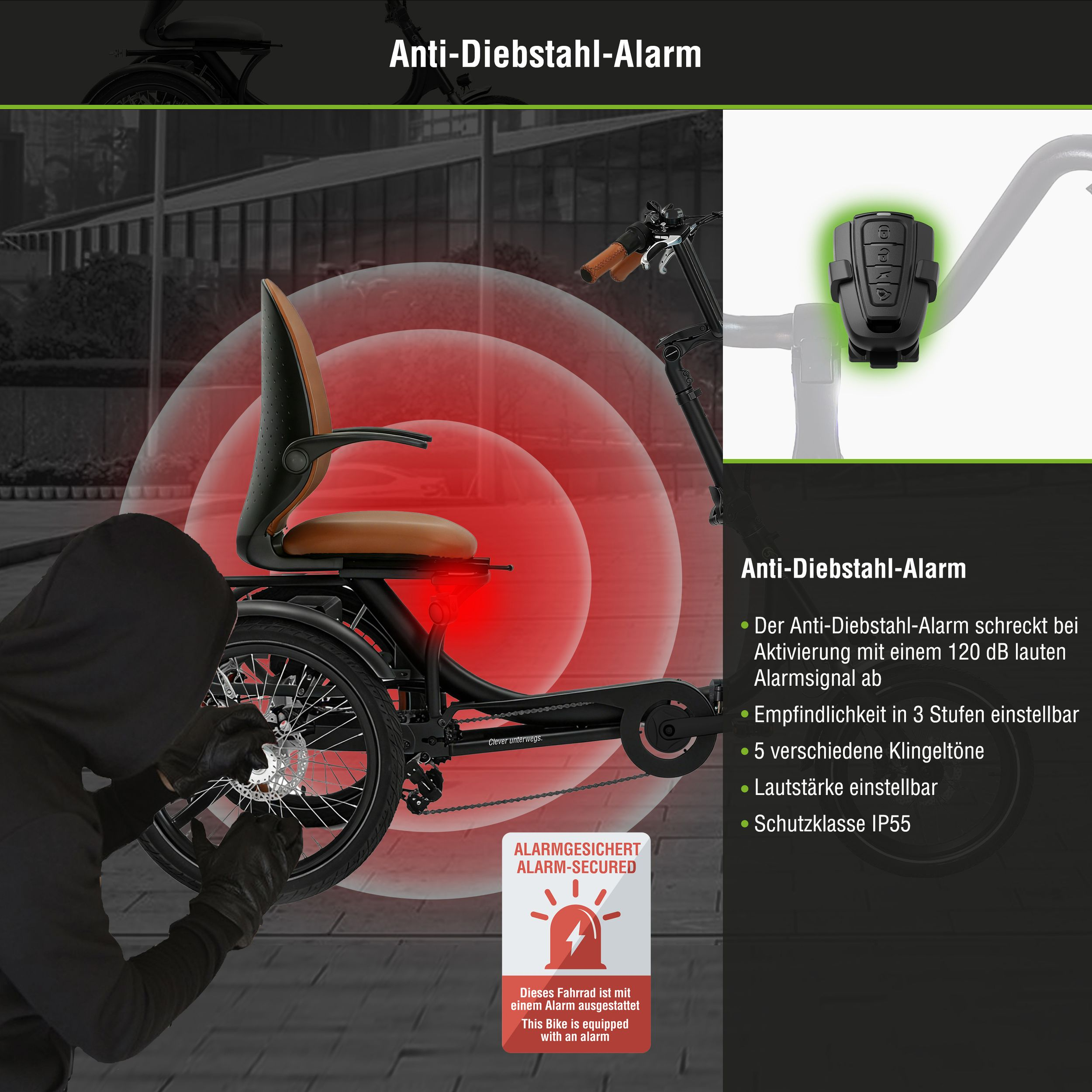 Ein Dieb versucht, ein Dreirad zu stehlen, während ein Alarm ausgelöst wird.