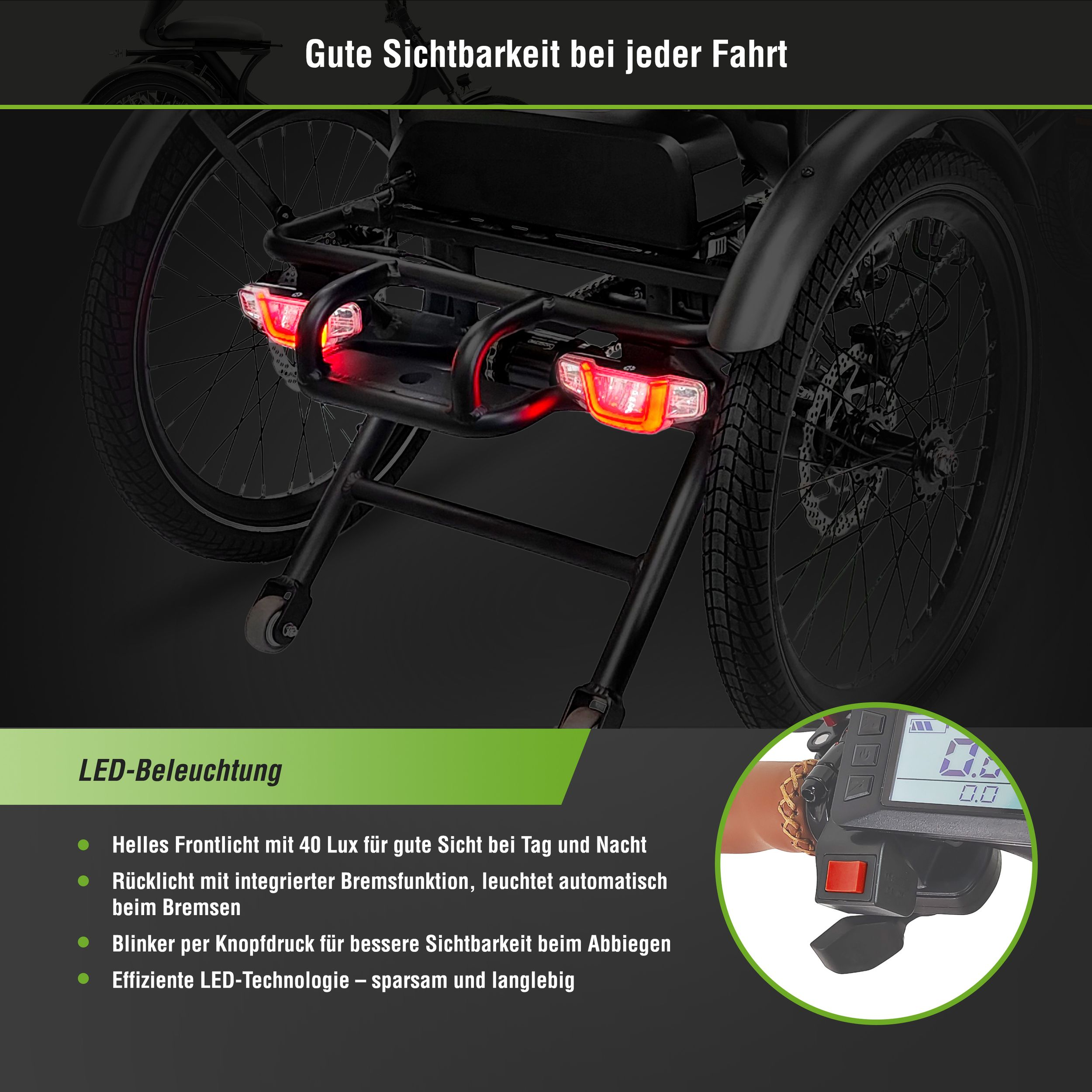 Rückseite eines E-Bikes mit leuchtenden Rücklichtern und einem Display.