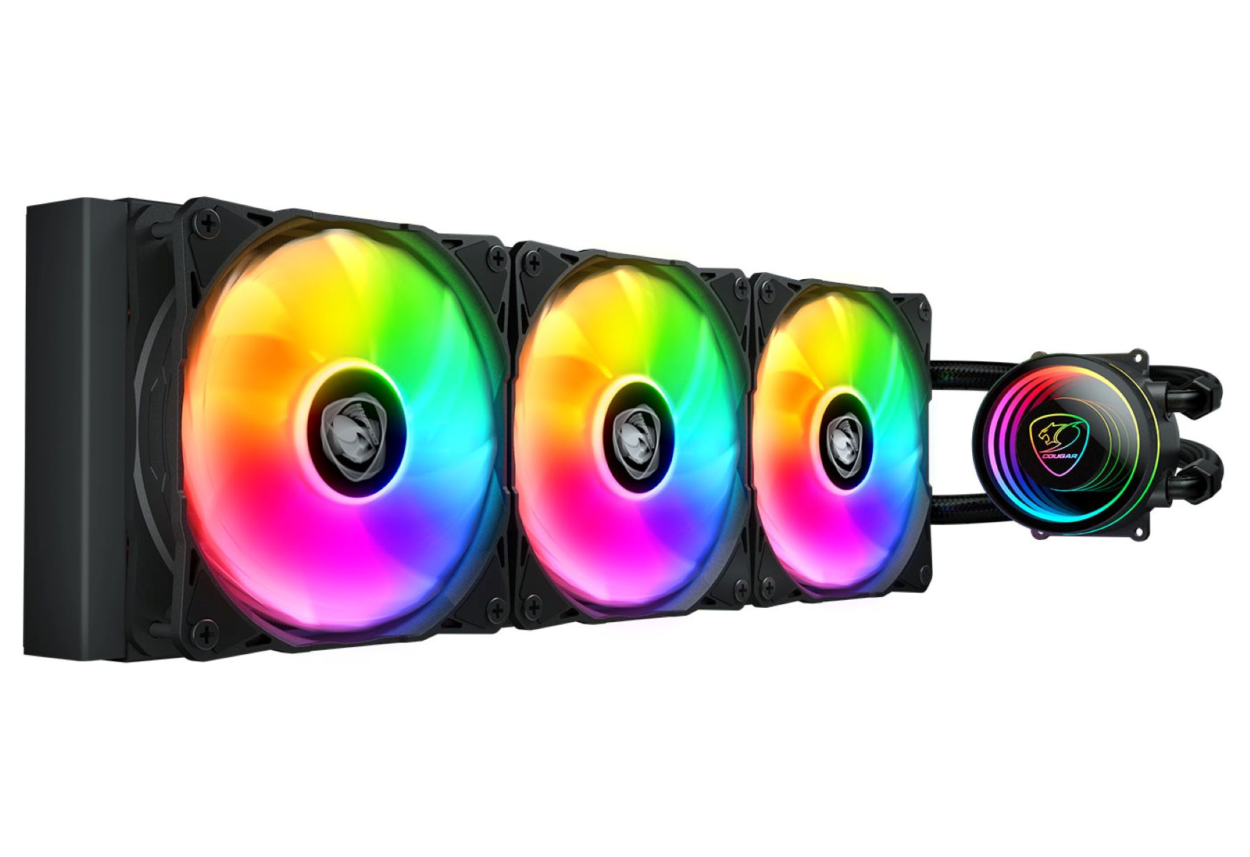 Ein CPU-Kühler mit drei RGB-Lüftern und einem runden Pumpenkopf.