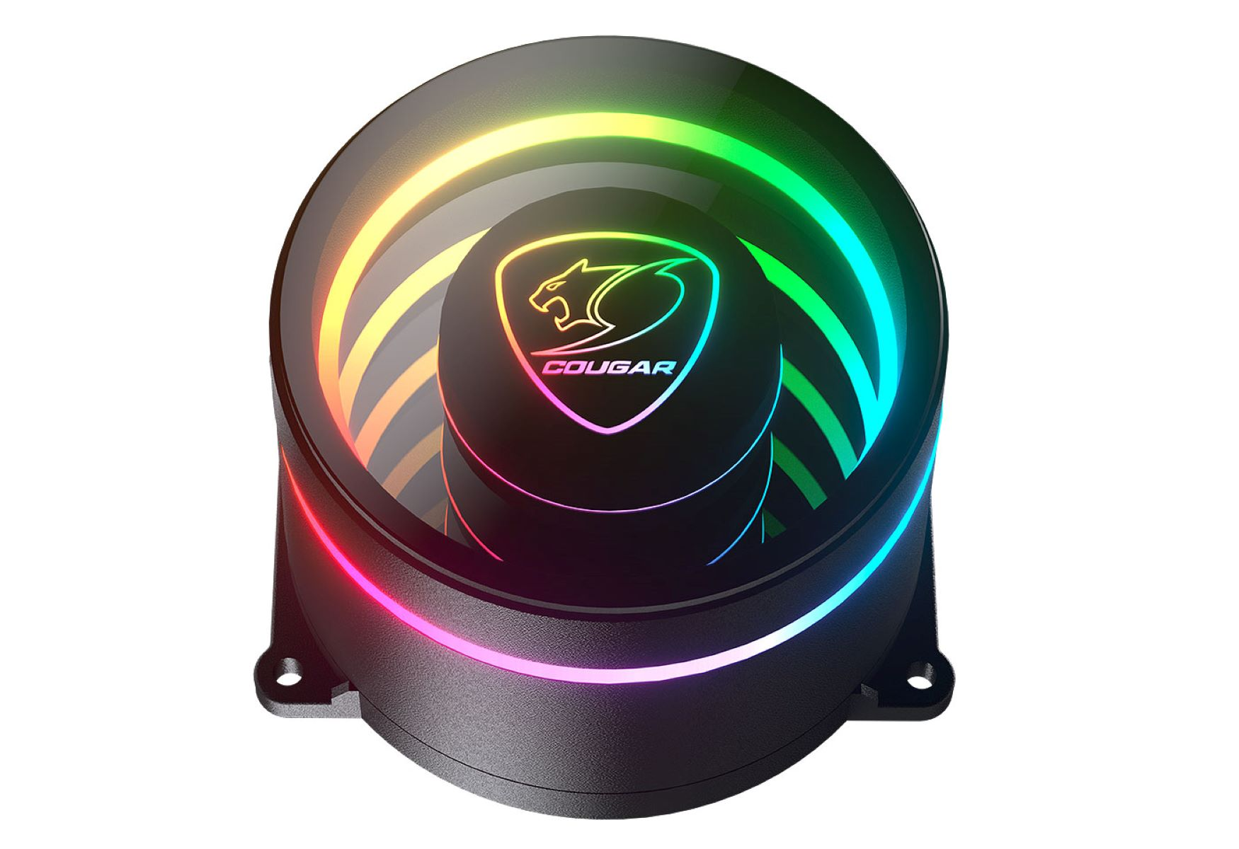 Ein schwarzer Lüfter mit RGB-Beleuchtung und dem Cougar-Logo.