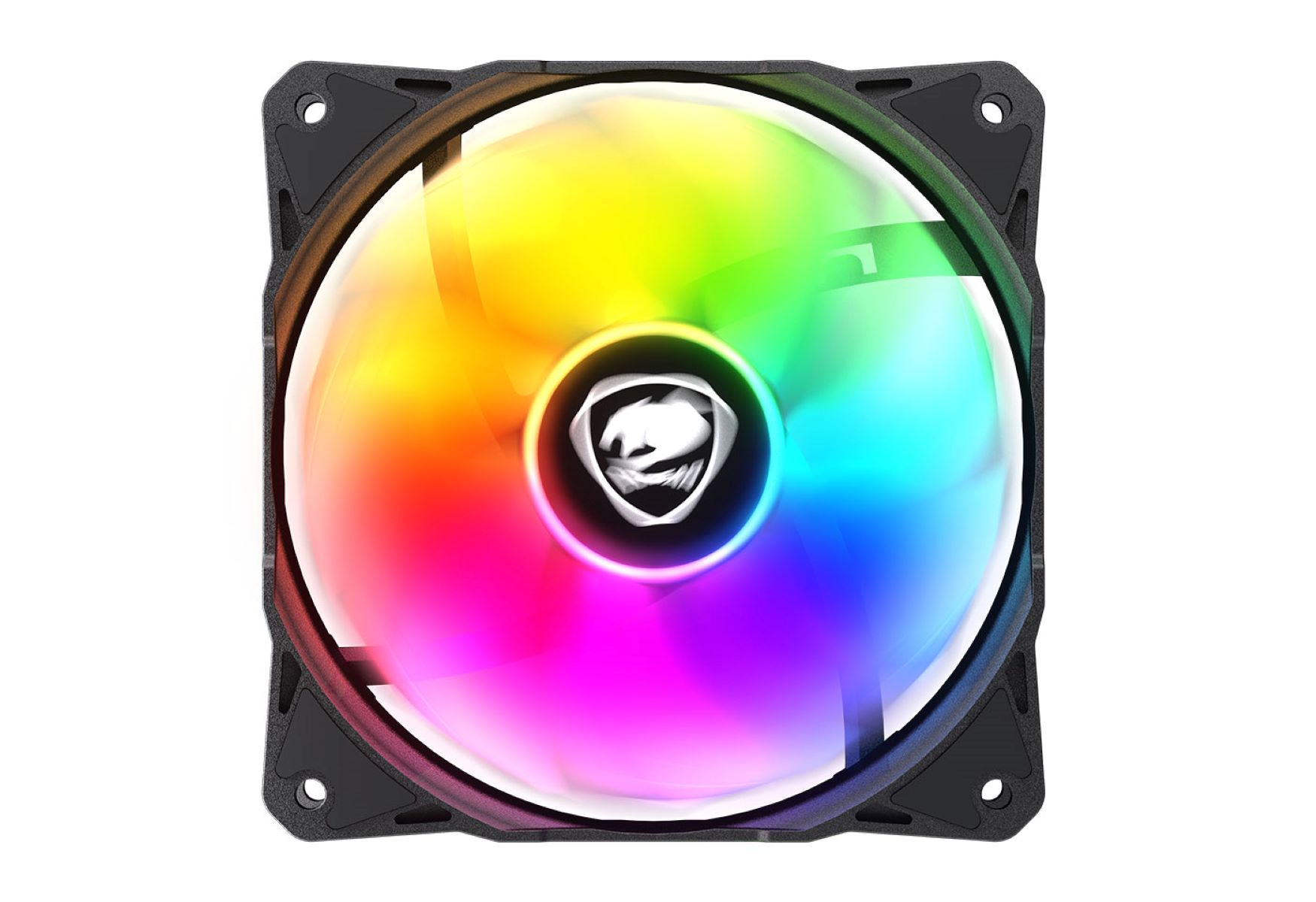 Ein beleuchteter PC-Lüfter mit Regenbogenfarben und einem Logo in der Mitte.