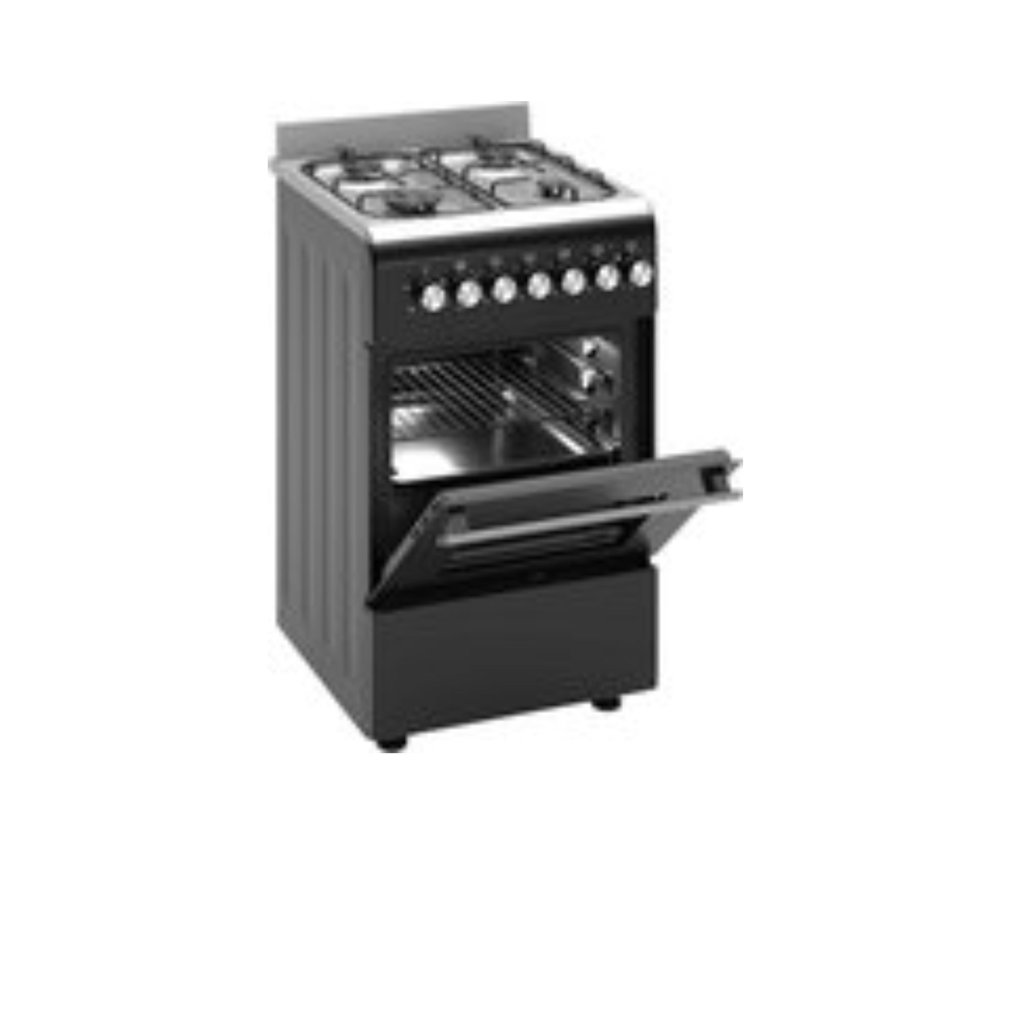 A black gas stove with its oven door open, featuring four burners on top.